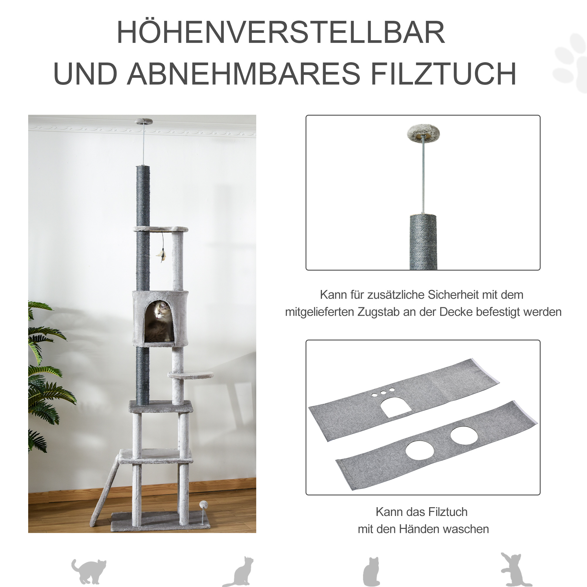 Kratzbaum Deckenhoch Höhenverstellbar 225-255 cm Katzenturm mit 6 Ebenen 3 Höhlen Katzenspielzeug Kratzbrett Katzenkratzbaum für mittelgroße Katzen, Hellgrau