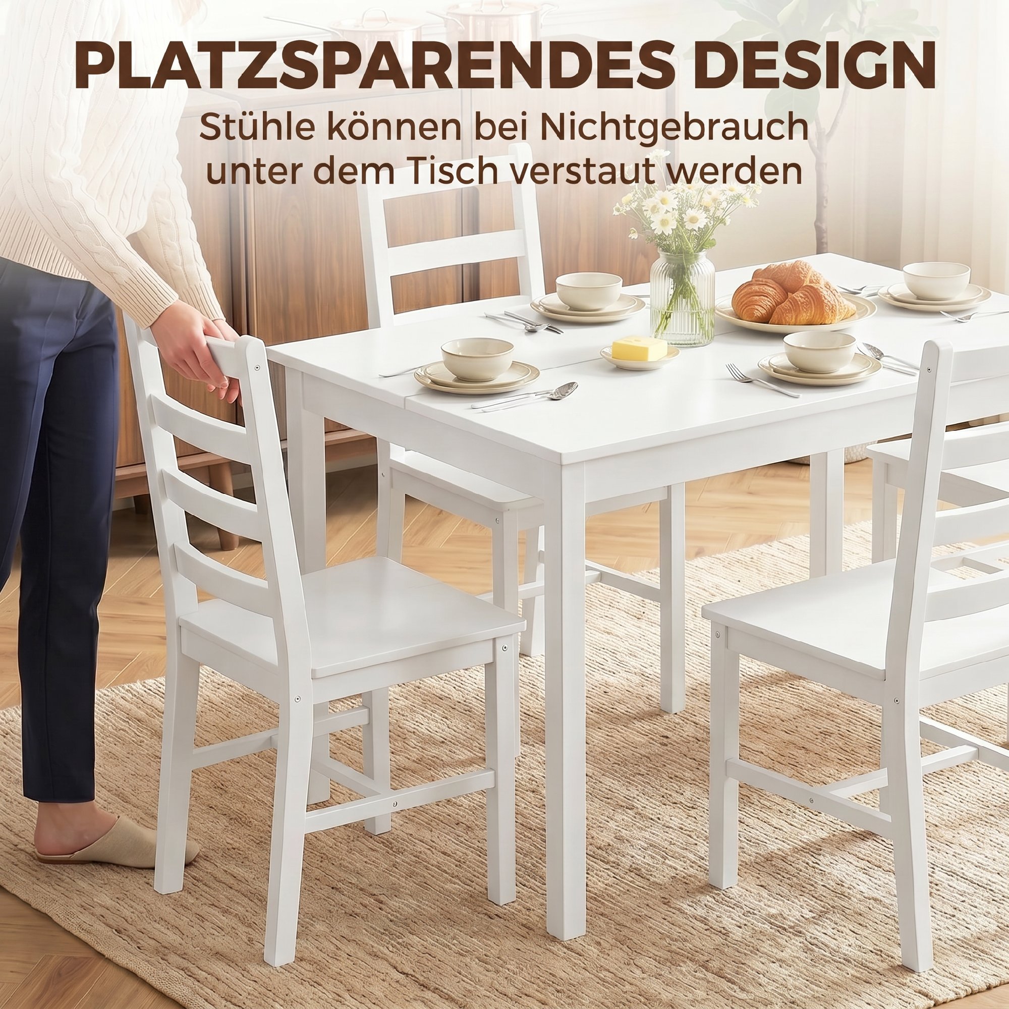 5-teiliges Esszimmer-Set für 4 Personen, rechteckiger Esstisch und Stühle aus massivem Holz, für kleine Räume, Weiß