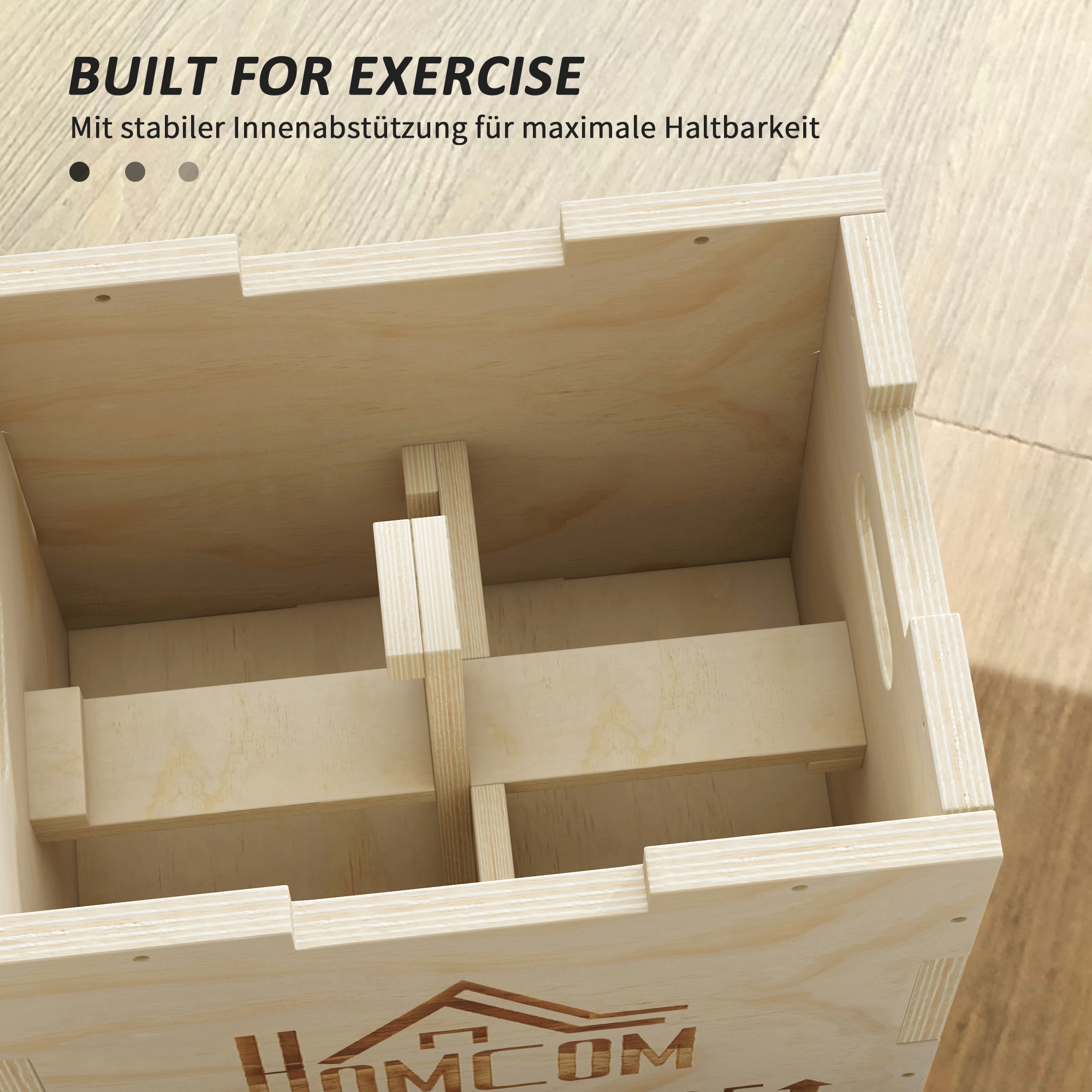 3-in-1 Plyo Box Holz Plyometrische Sprungbox mit 3 Sprunghöhen Griffen 40,5 x 35,5 x 30,5cm Naturholz