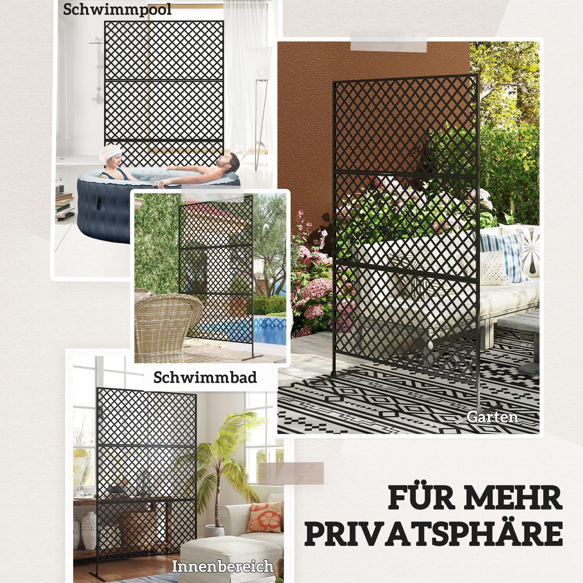 Outdoor-Raumteiler, Metall-Wandschirm für Terrasse, Veranda, Garten, Freistehendes Rankengitter, Stahl, Schwarz