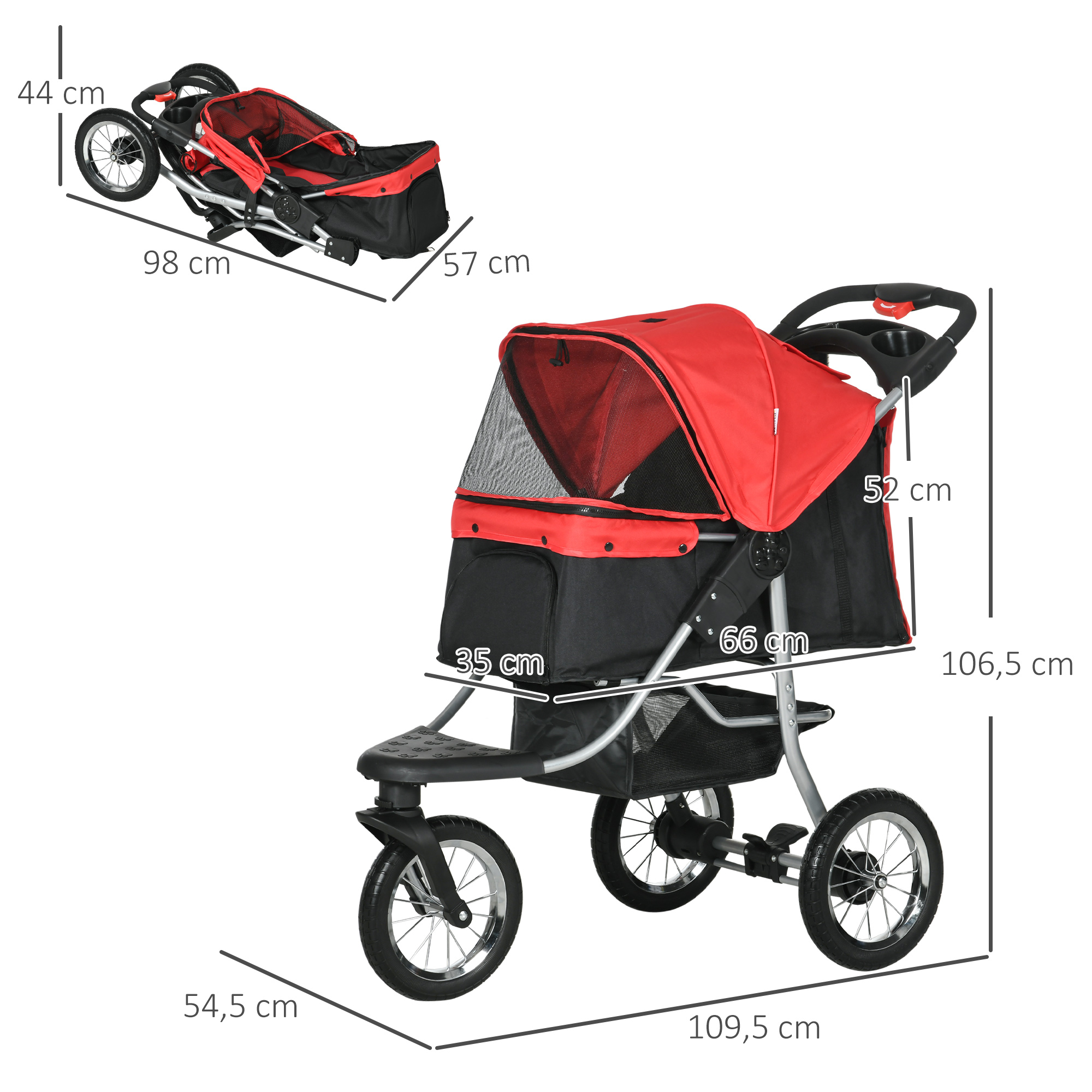 Hundewagen Hundebuggy mit 3 Rädern klappbar bis 10 kg Oxford Rot+Schwarz 109,5 x 54,5 x 106,5 cm