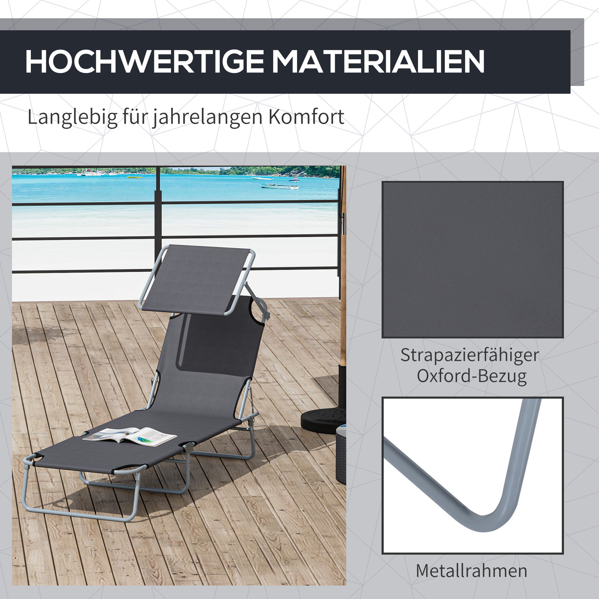 Sonnenliege klappbar Gartenliege mit Sonnenschutz Wellnessliege mit 4-Fach verstellbare Rückenlehne Strandliege bis 120kg belastbar für Garten, Balkon und Pool geeignet, 6 Farben(Grau )