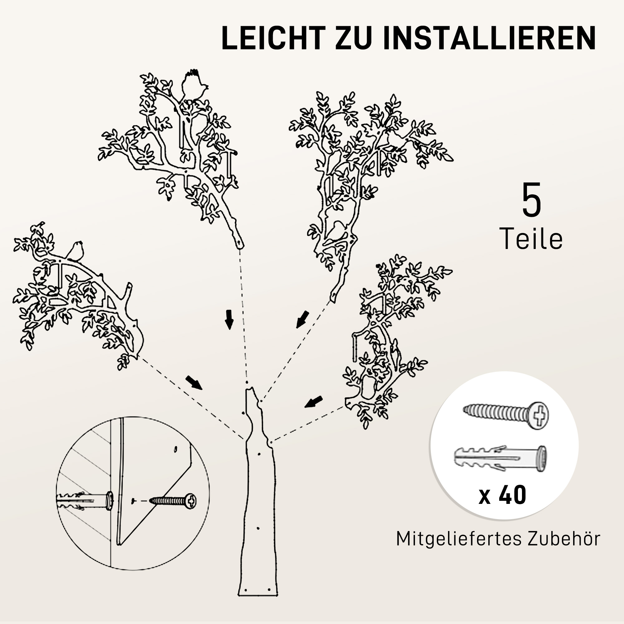 Wandgarderobe, Wandmontierter Mantelhaken, Baumdesign mit Vögeln, Schwarz