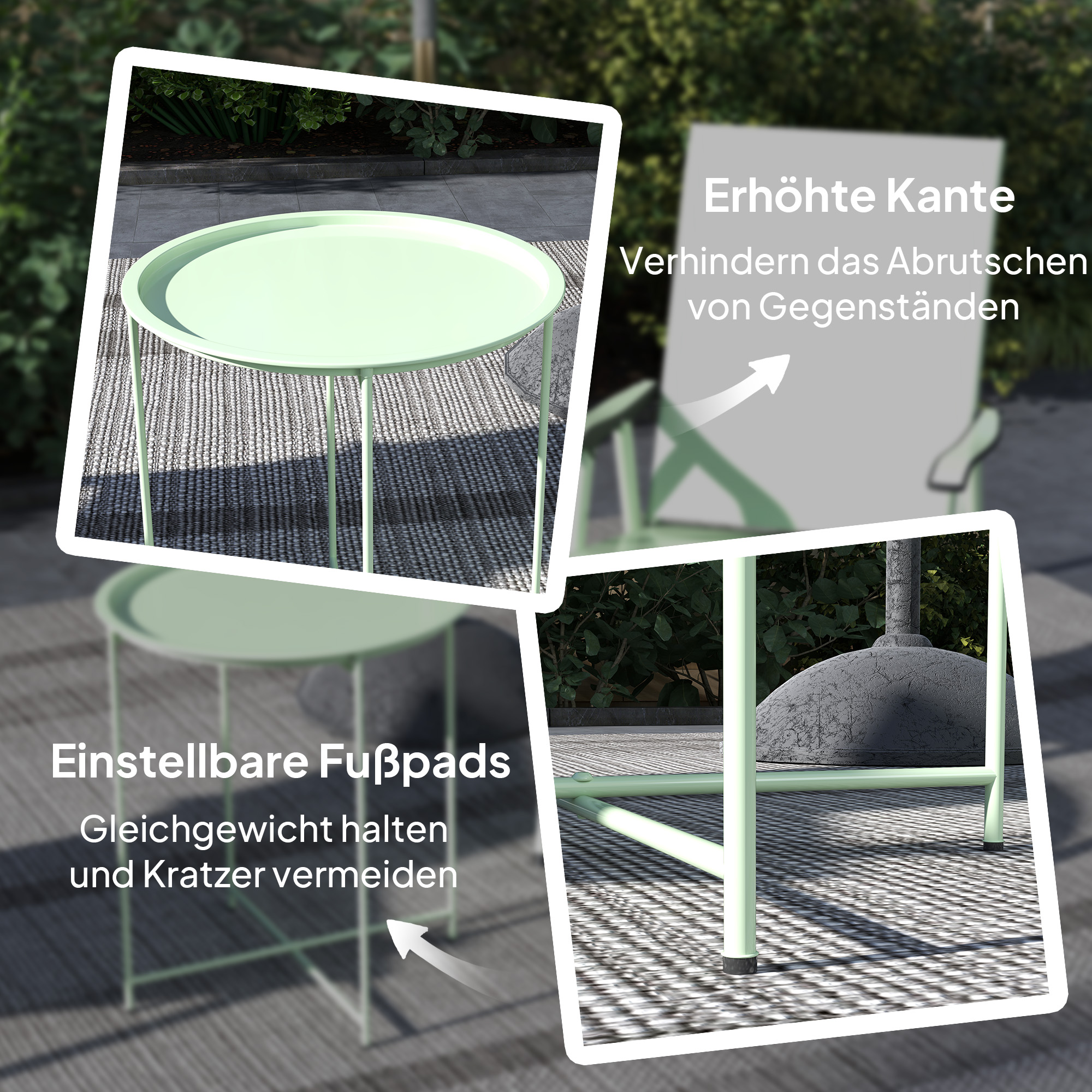 Gartentisch, runder Außen-Beistelltisch aus Stahl mit herausnehmbarem Tablett, faltbares Design, Terrassentisch, Grün