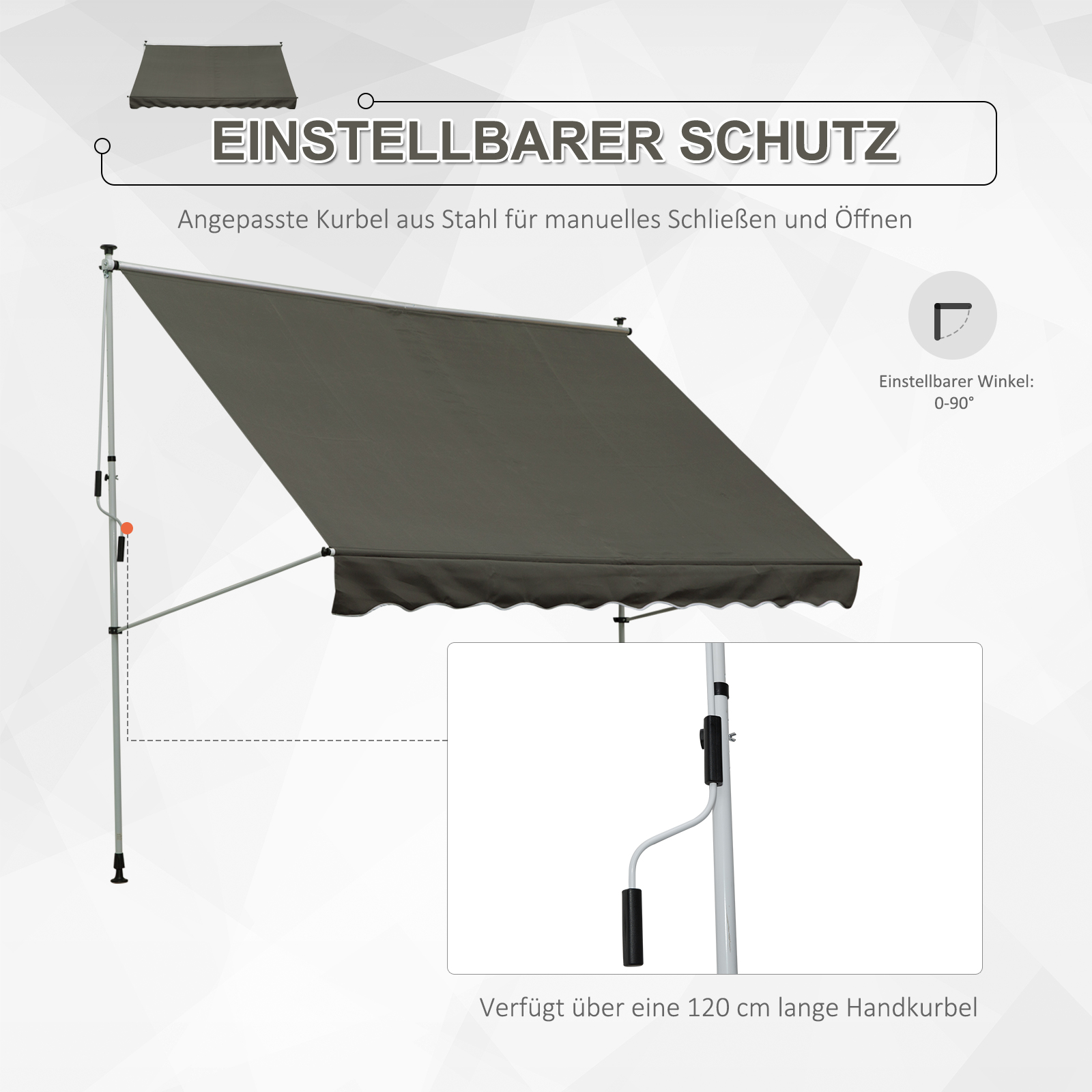 Klemmmarkise mit Handkurbel höhenverstellbar Gelenkarmmarkise schmutzabweisend, witterungsbeständig Balkonmarkise 150cm breit Terrassenmarkise für Terrasse Balkon Veranda Grau