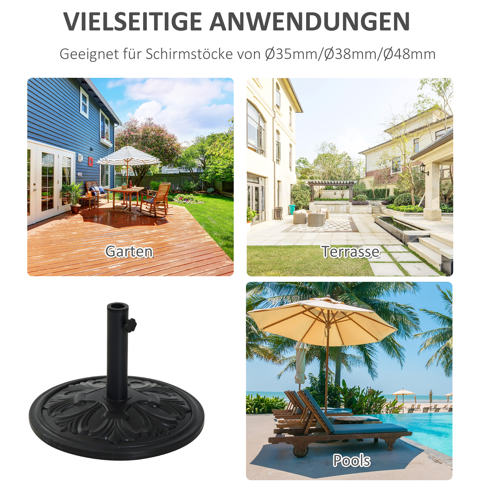 Sonnenschirmständer 13 kg Schirmständer Schirmstangen mit 35 mm/38 mm/48 mm Durchmesser Schirmhalter für Garten, Balkon, Antik Schwarz