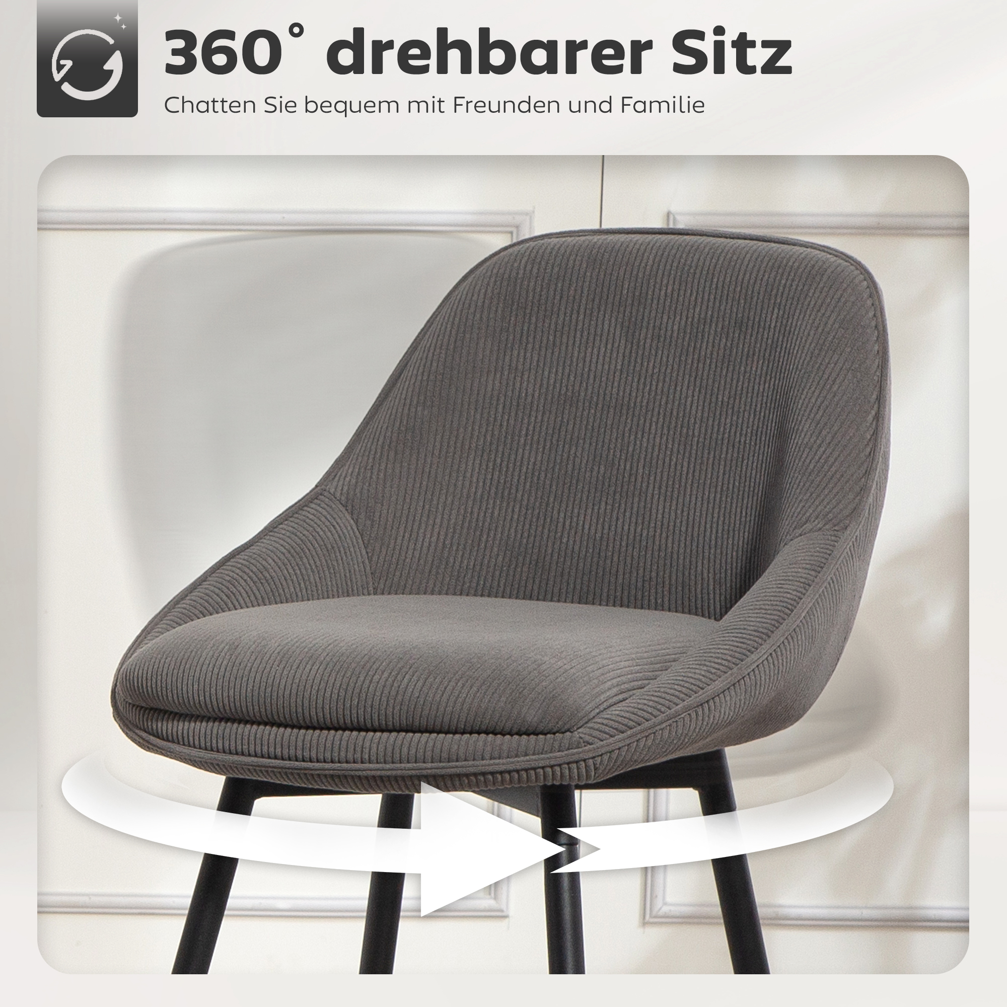 2er-Set Barstühle mit Cordbezug und Stahlbeinen, Polsterstühle für Kücheninsel, Esszimmer, Grau