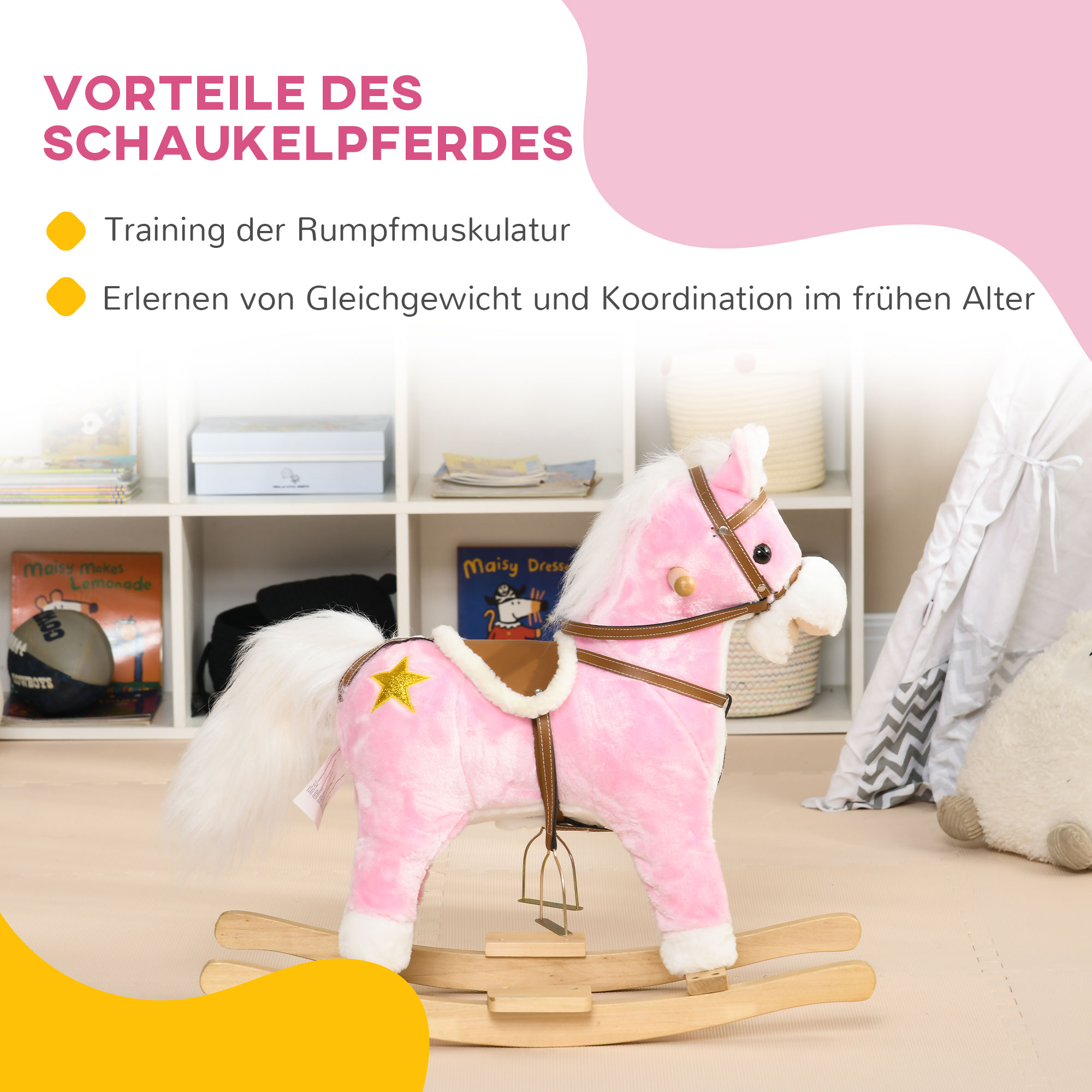 Schaukelpferd, Sattel mit Steigbügeln, Soundeffekte, Musik, Plüschkörper, Metallrahmen, bis 30 kg, pink