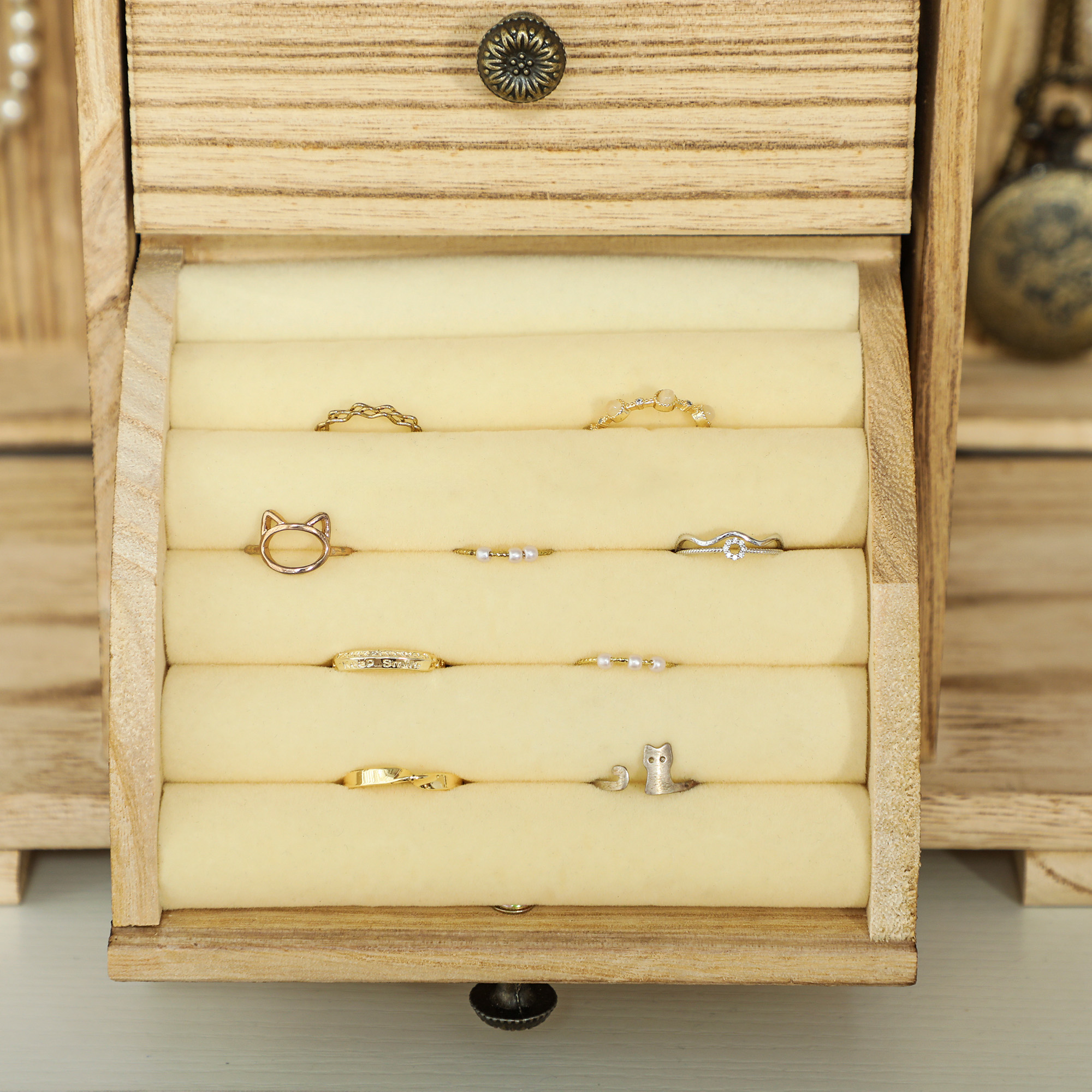 Schmuckbox, Schmuckschatulle, 4-stufiges Layout, integrierter Spiegel, Holz, Braun