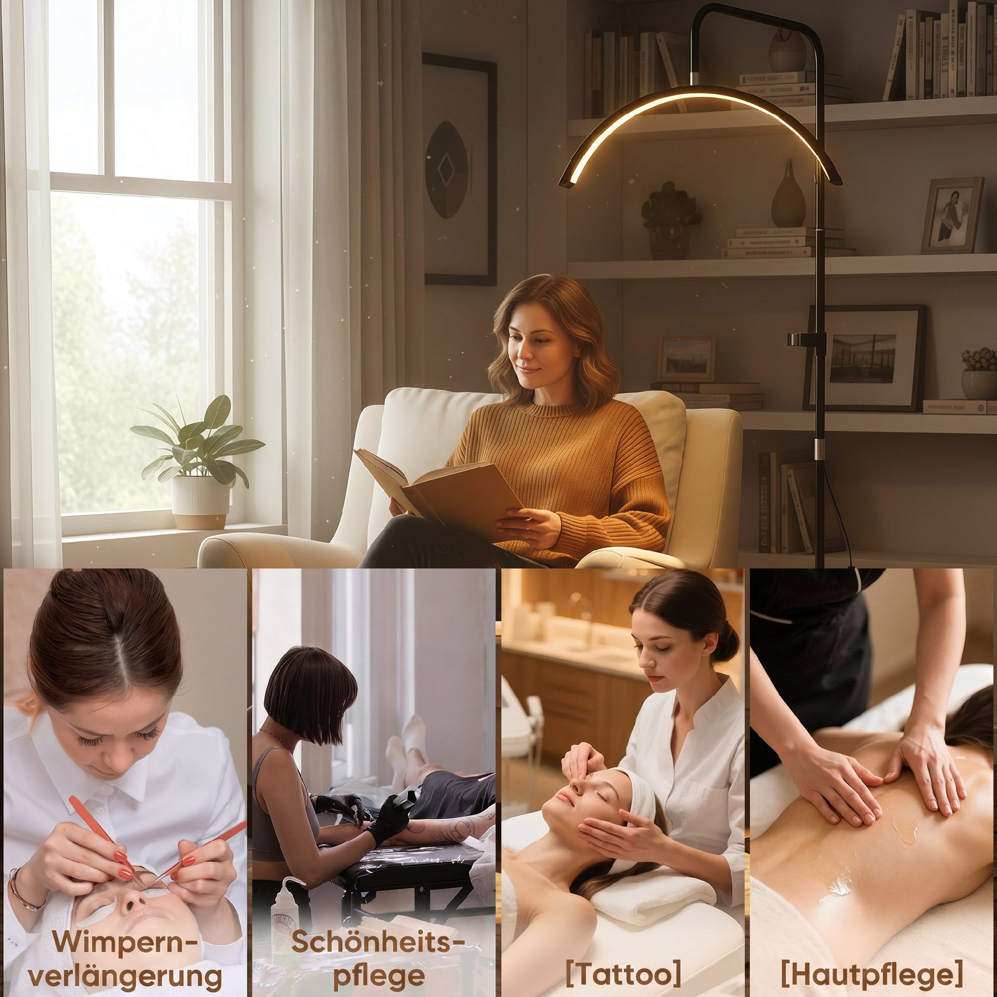 LED Halbmond Wimpern Lampe mit Telefonhalter 350° Drehbar Beauty-Ringlicht Warme Lampe mit Einstellbar Höhe