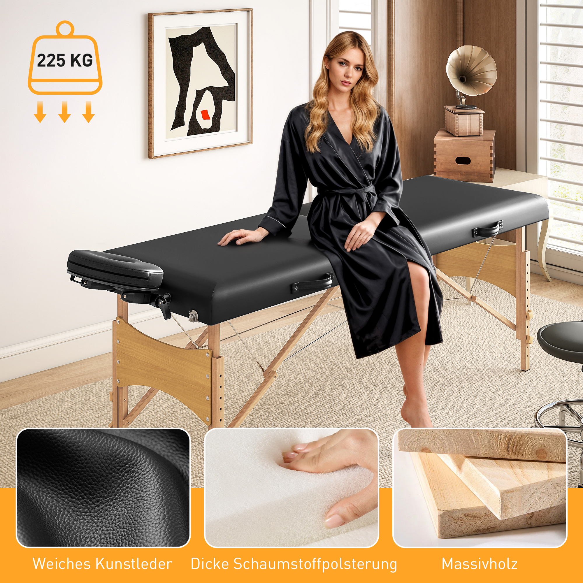 Höhenverstellbarer Massagetisch, Holzgestell, Klappbares Massagebett, Schaumstoffpolsterung, Schwarz