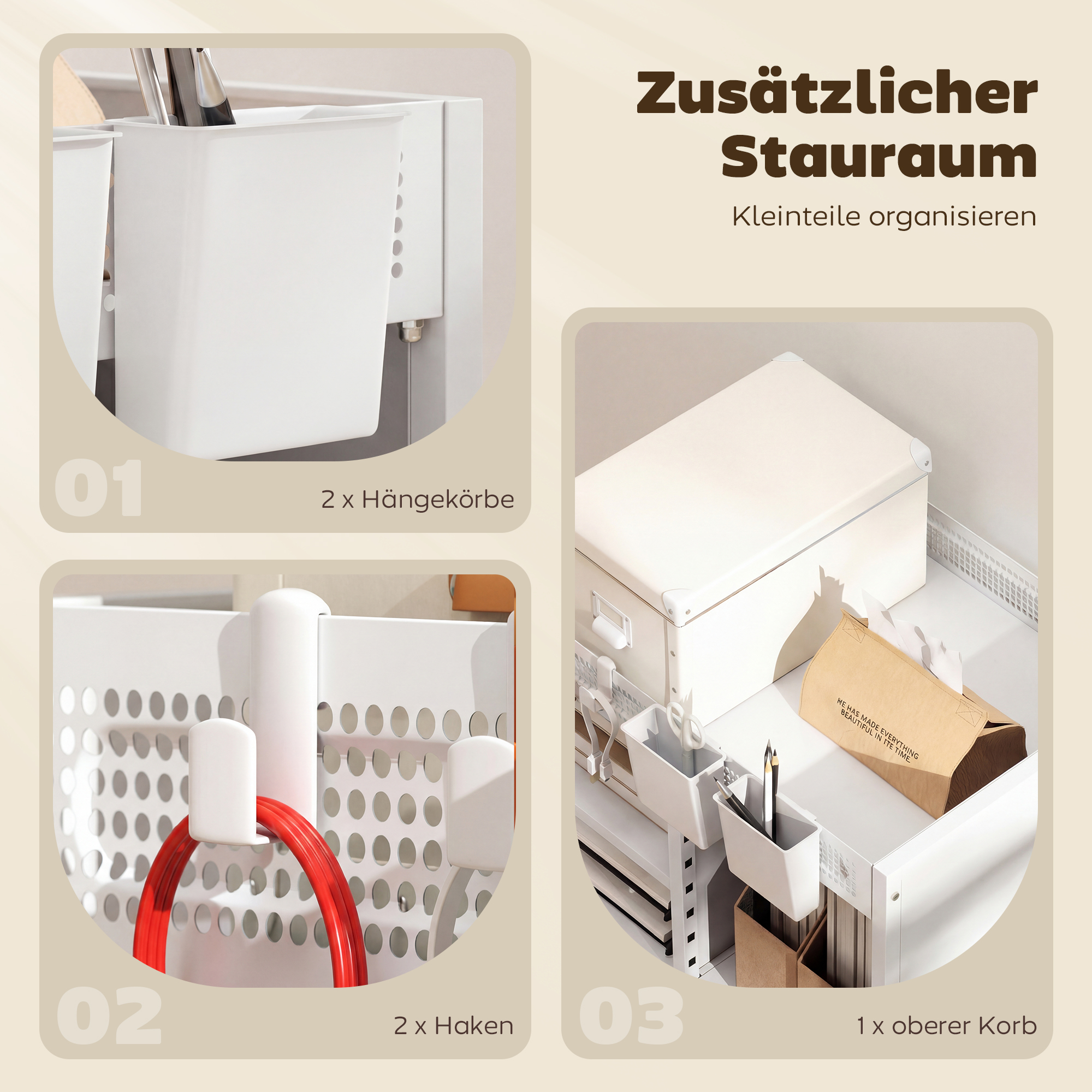 Bücherregal auf Rollen, 4-stufig, verstellbare Regalböden & Hängekörbe für Home Office und Wohnzimmer, Weiß