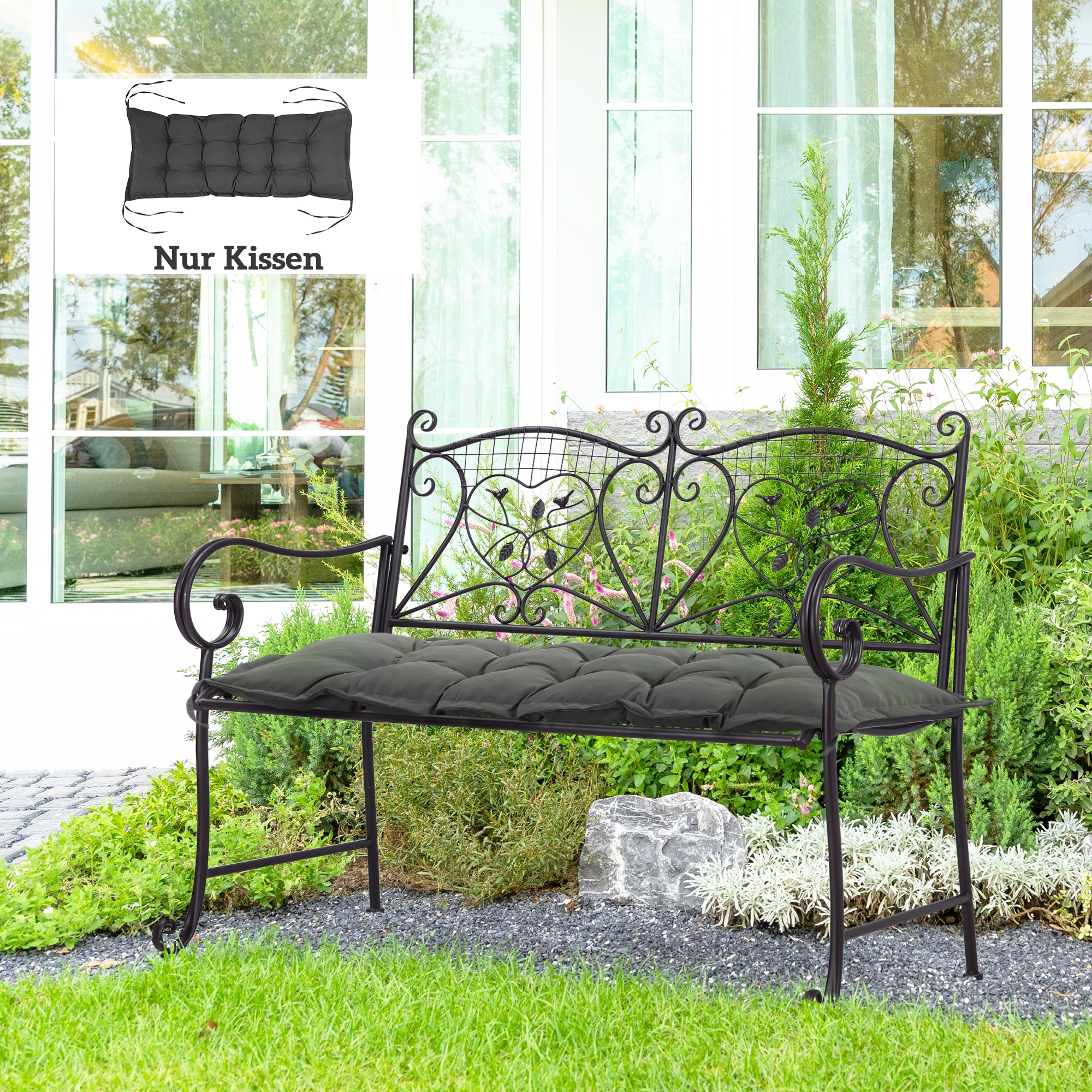Sitzkissen 100x40 cm Stuhlkissen mit Bindebänder, 10cm dick Polsterauflage Dunkelgrau