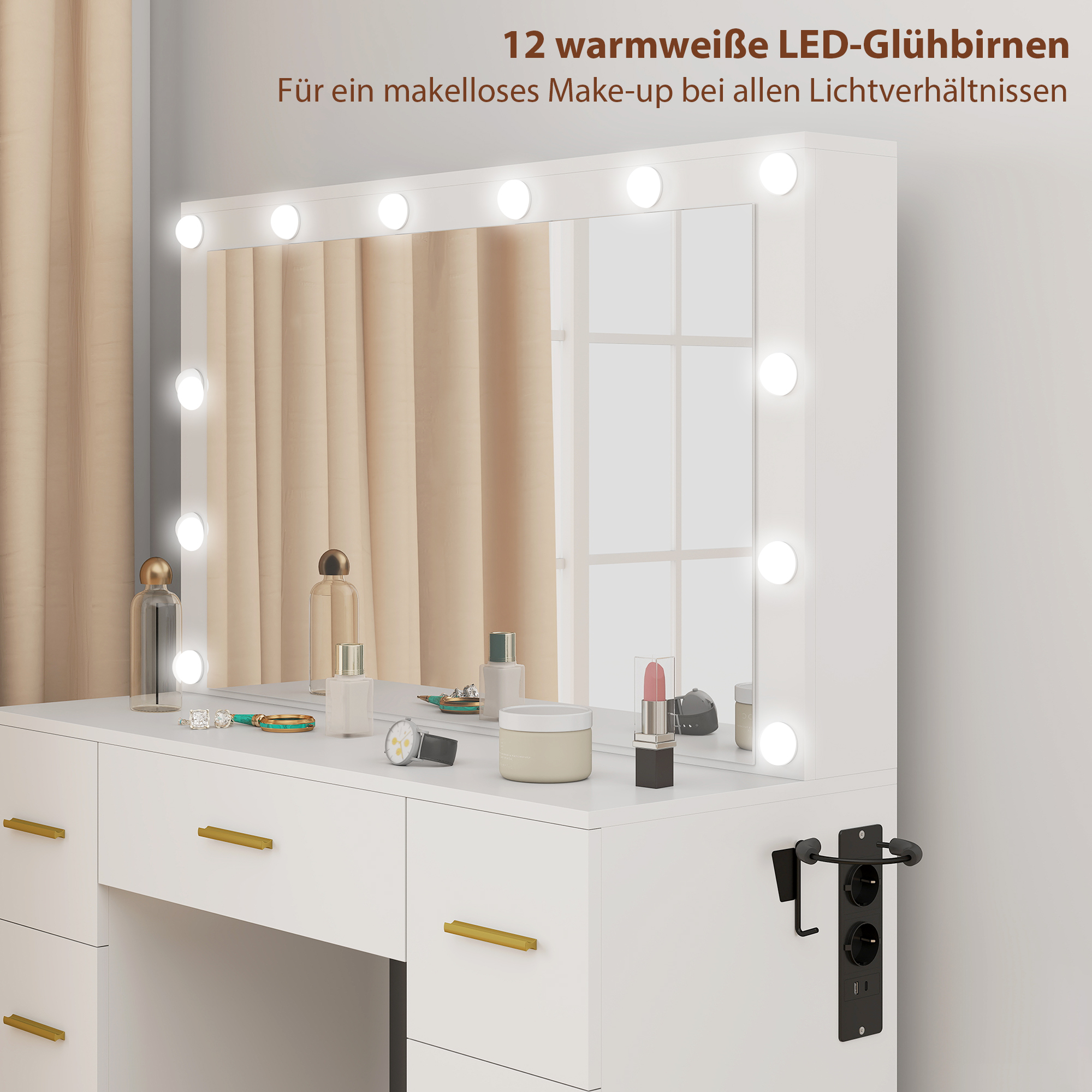 Schminktisch mit Spiegel und 12 LED-Lichtern, Frisiertisch mit 7 Schubladen, 6 versteckte Staufächer, Spanplatte, Weiß