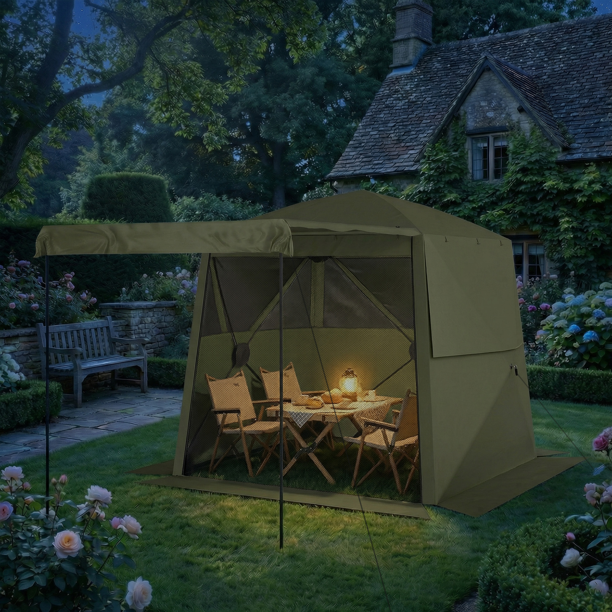 Pavillon 2x2m Wasserdicht Stabil Winterfest Pop-up Faltpavillon mit 4 Seitenteilen Netzfenstern Vortür UV 30+