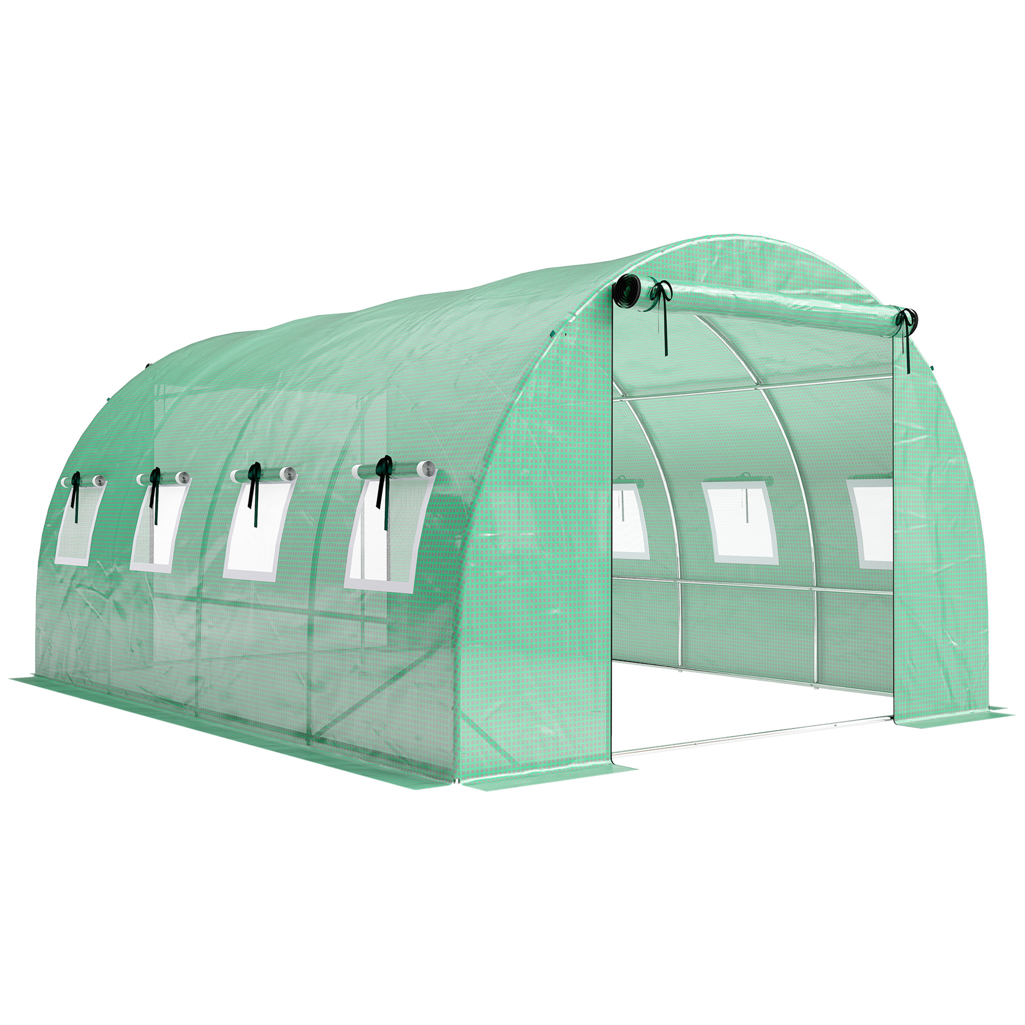 Gewächshaus ca. 4 x 3 x 2 m Foliengewächshaus mit Rollbar 2 Reißverschlusstür & 8 Netzfenster Stützstangen Grün