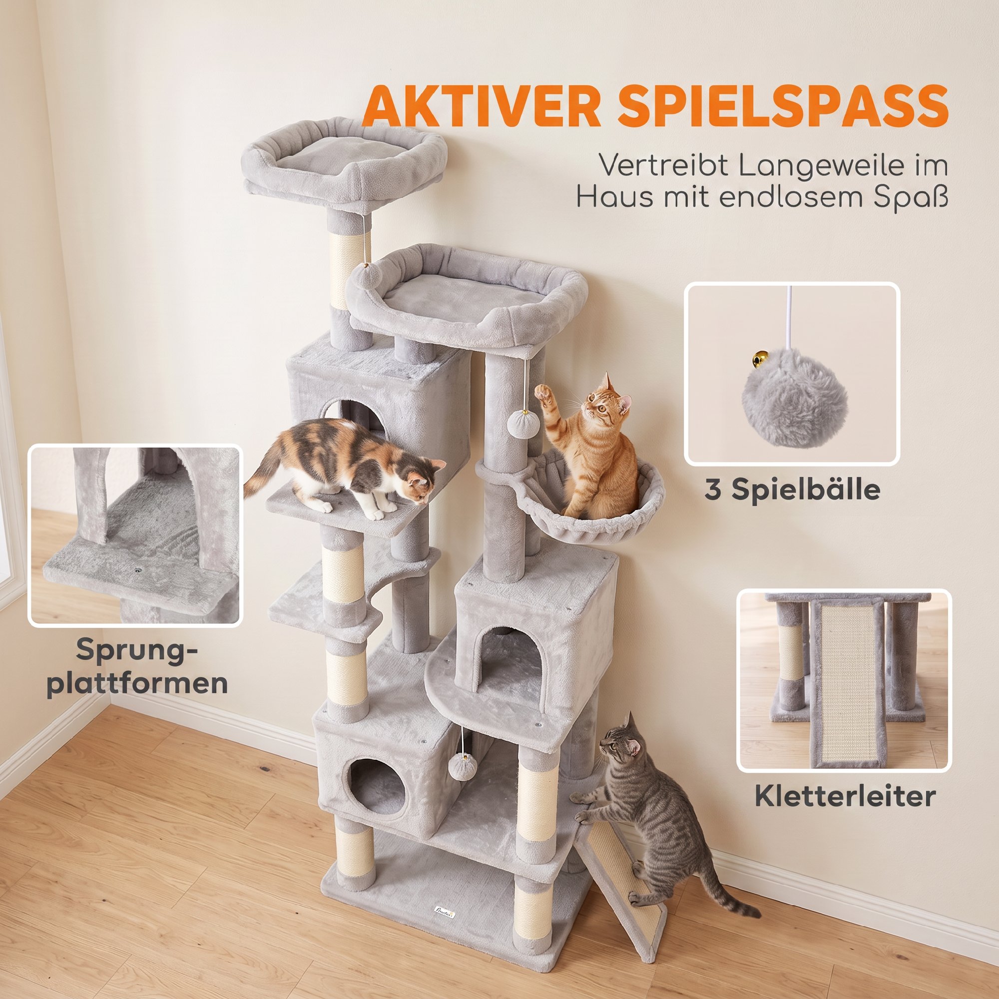 Kratzbaum groß, 200 cm hoch Katzenbaum mit 2 Betten, 3 Höhlen, Hängematte, 3 Bällen für 1-3 Katzen unter 6 kg, Hellgrau