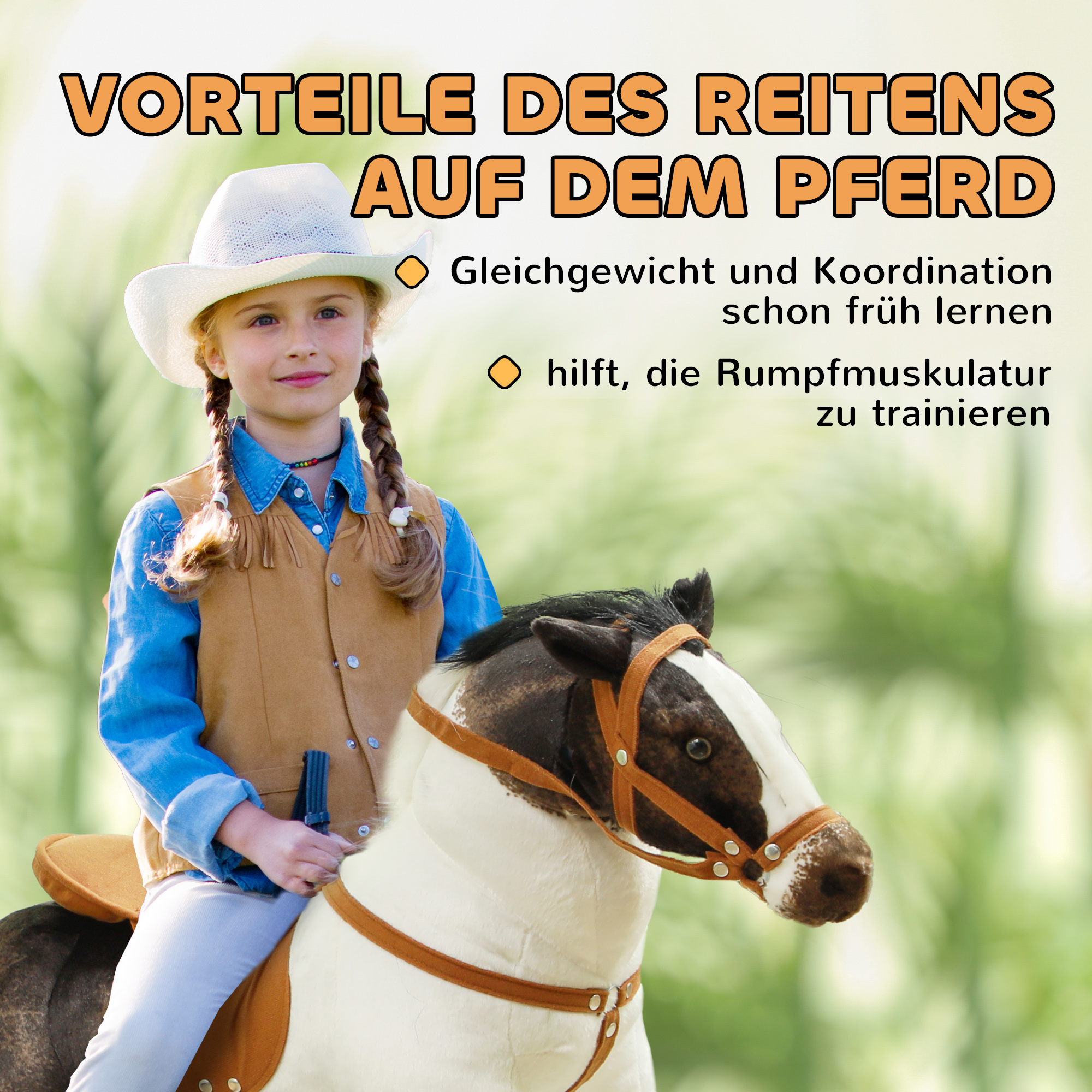 Schaukelpferd mit Soundeffekten, weiches Fell, für 3-8 Jahre, 85 x 28 x 60 cm, Braun/Cremeweiß