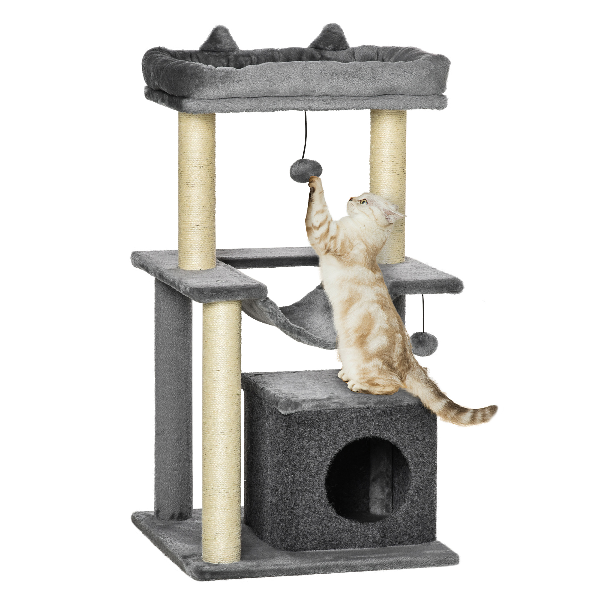 Katzenbaum 90 cm Kratzbaum mit Hängematte Spielbaum Katzenhöhle Plattformen Kletterbaum Katzenkratzbaum Aktivitätskratzbäum Plüsch Sisal Grau