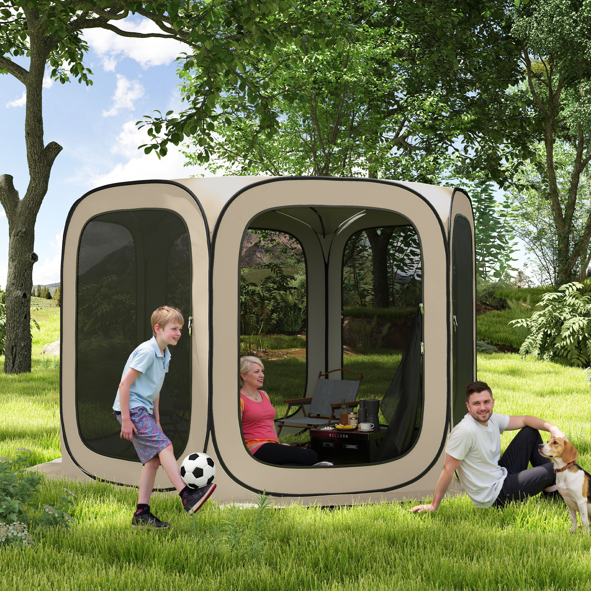 Pop-up-Campingzelt, tragbar, UPF50+ Schutz, Netz-Seiten, Stahldraht, Khaki