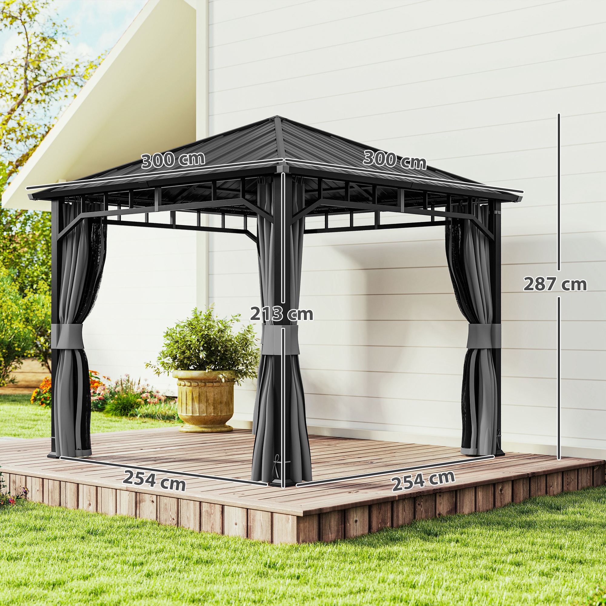 Pavillon 3 x 3 m Wasserdicht Stabil Winterfest Gartenpavillon mit Seitenteile, Netze, Haken Hardtop Dunkelgrau