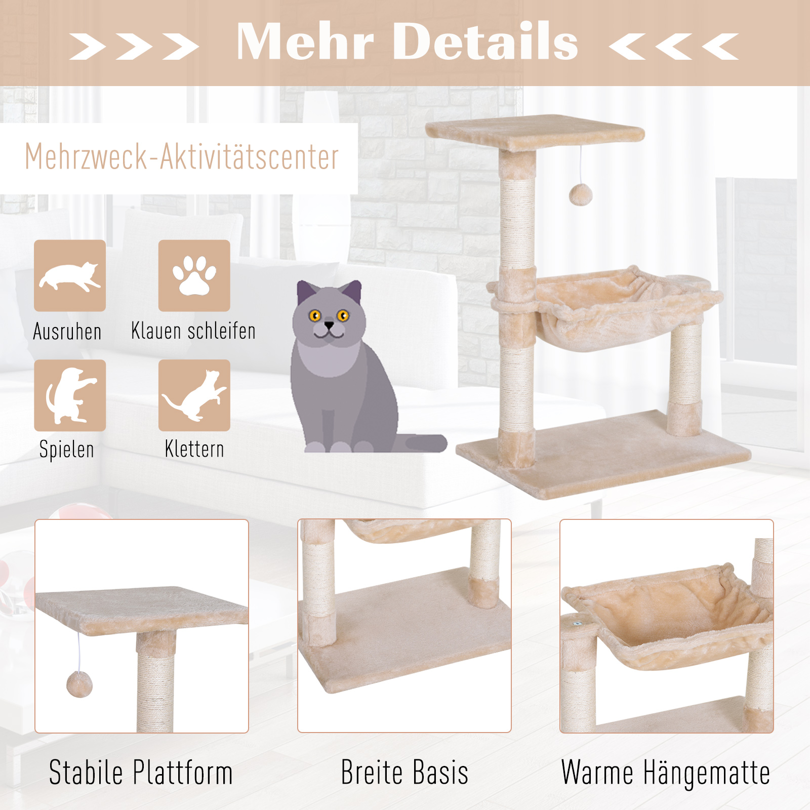 Kletterbaum Katzenbaum Kratzbaum mit Sisalsäule Plüsch-Hängematte Spanplatte Beige 50 x 36 x 70 cm