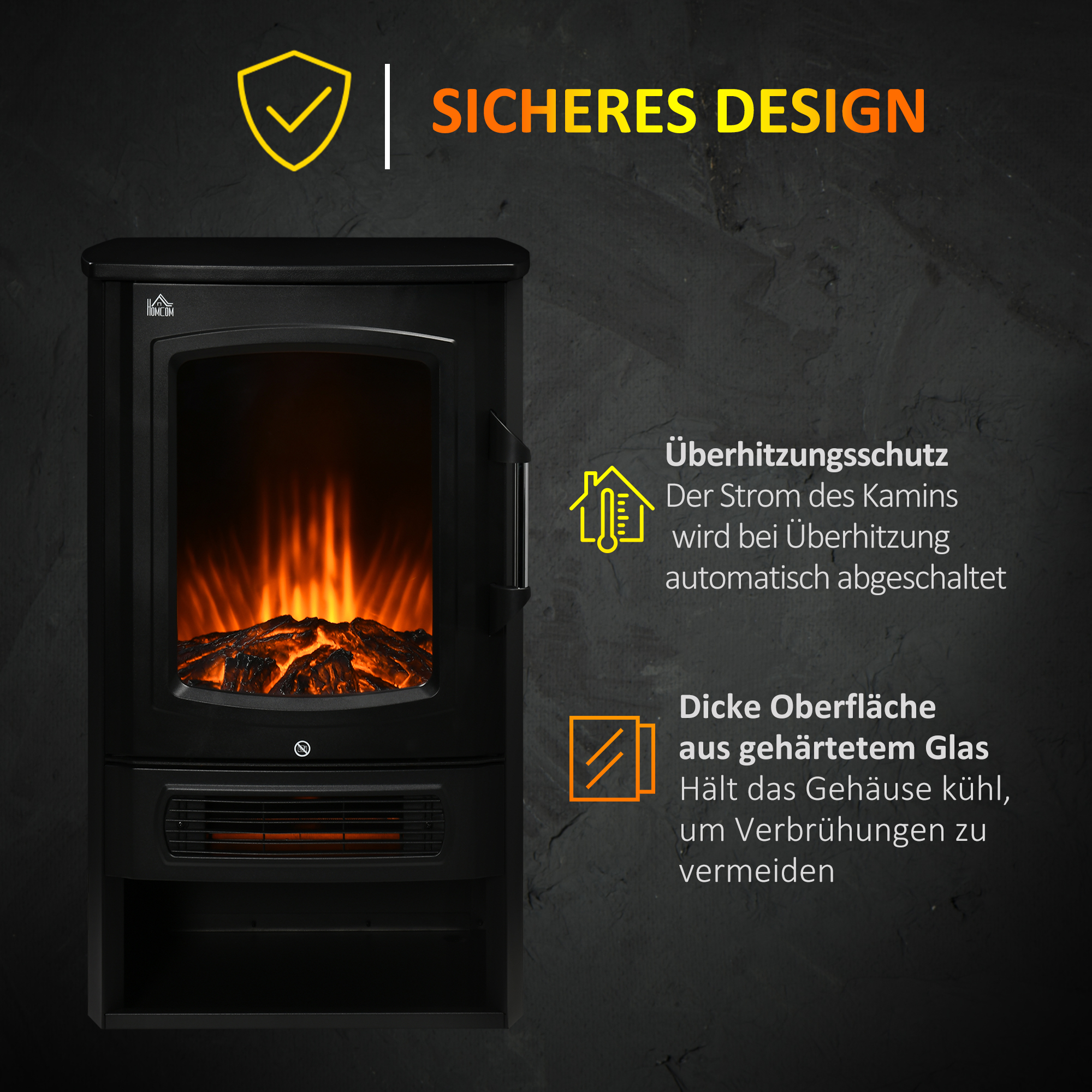 Elektrokamin, realistische Flammen, 2 Heizstufen, Überhitzungsschutz, Stahl, Schwarz, 44,5 x 32 x 74cm