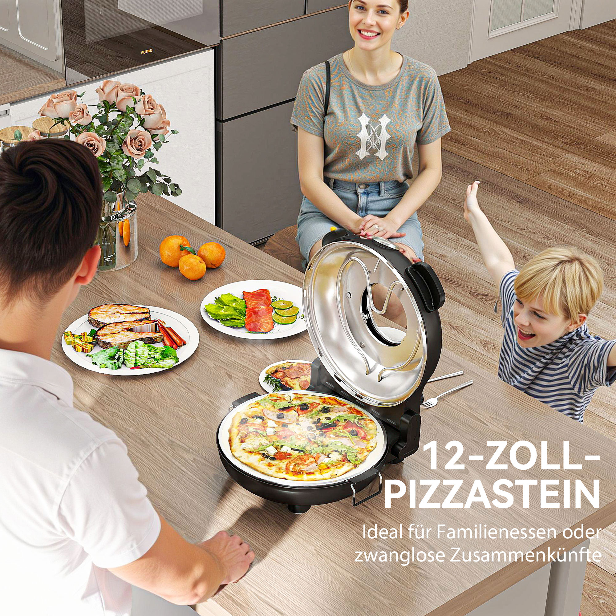 Pizzaofen elektrisch 430 ?, 1200 Watt Pizzabäcker mit 30cm Steinplatte Timer Sichtfenster Edelstahl Schwarz