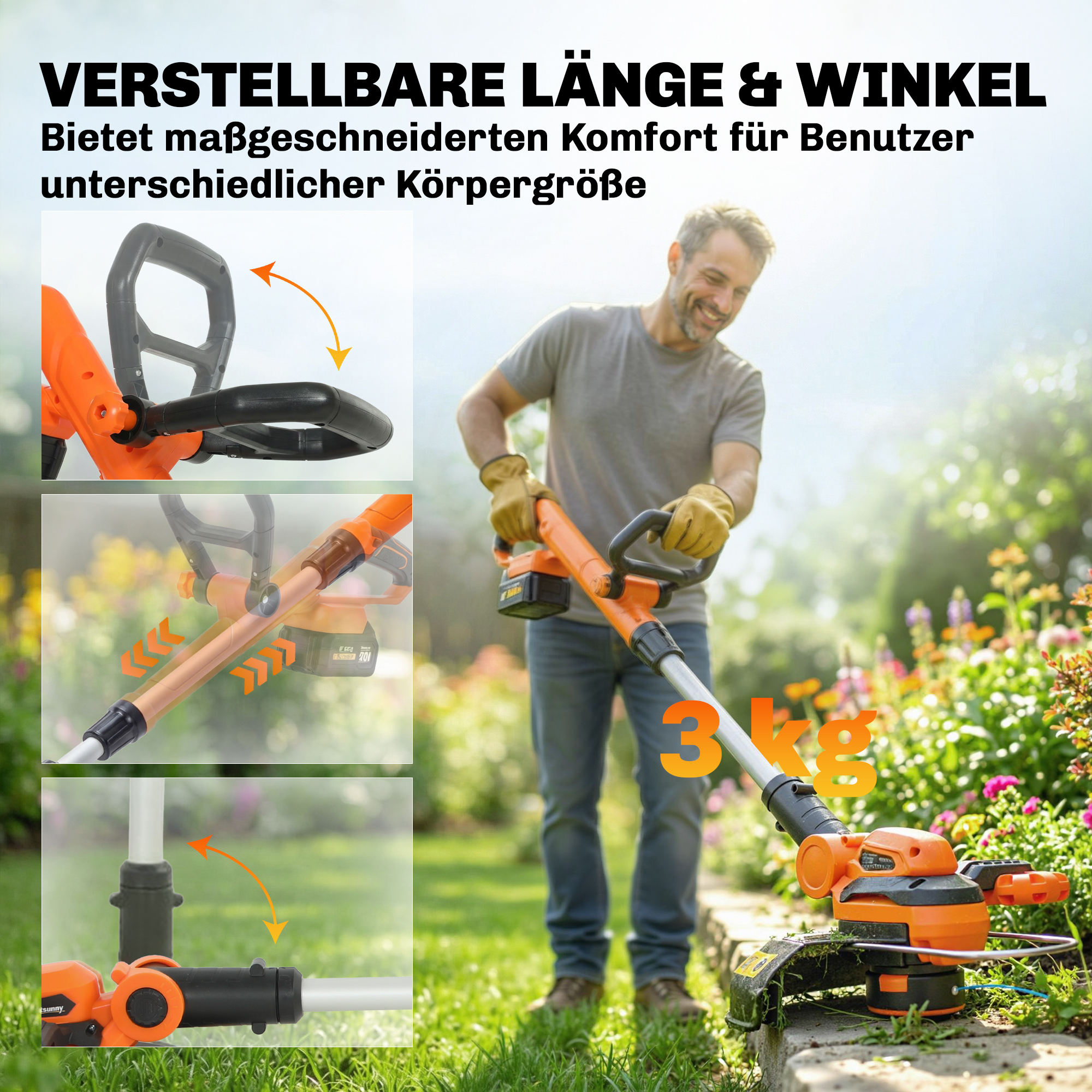 Akku Rasentrimmer 21V Freischneider mit 2x4.0Ah Akkus Ladegerät 25 cm Schnittbreite Verstellbarer Teleskop-Griff