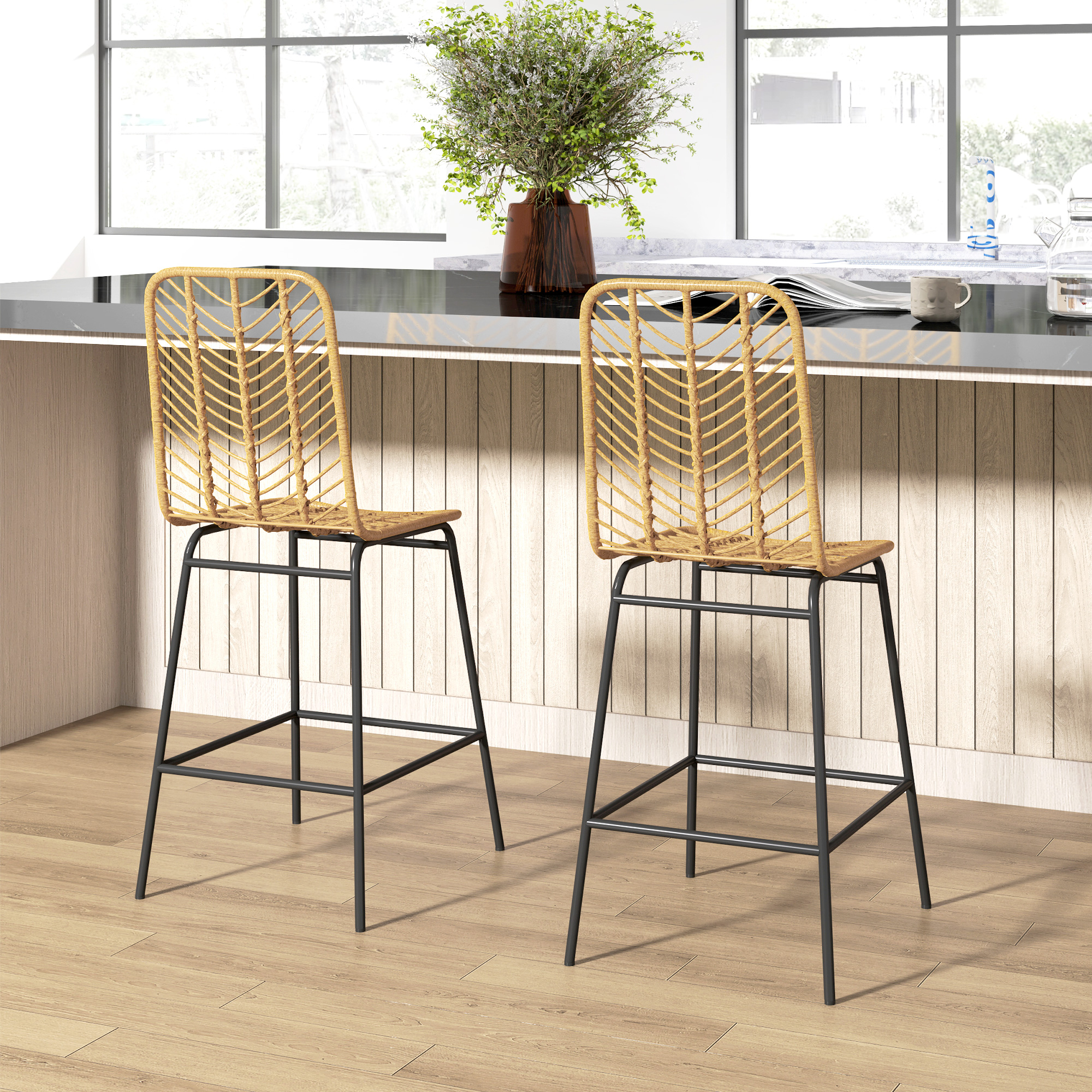 2er Set Barhocker mit Lehne Barstühle im Boho-Design, PE-Rattan, inkl. Fußtstütze, 42,5 cm x 52 cm x 102 cm, Gelb + Schwarz