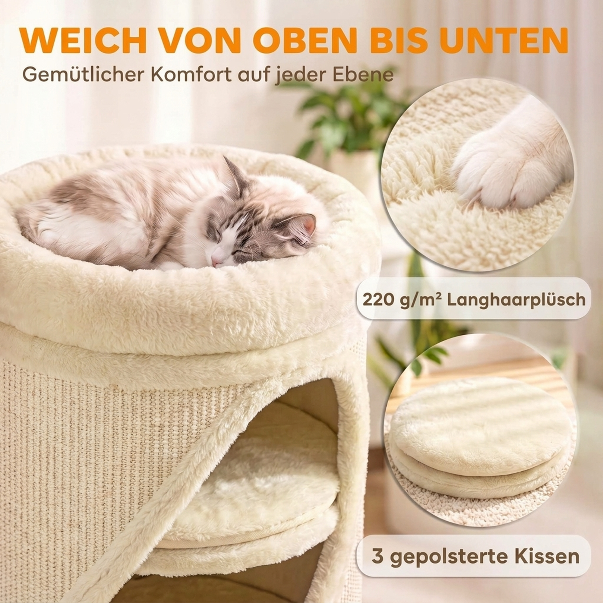 Kratztonne 75 cm Hoch Ø 35 cm 4-Stufige Katzentonne mit 3 Höhlen, abnehmbarem waschbarem Plüschbett Sisal-Kratzfläche