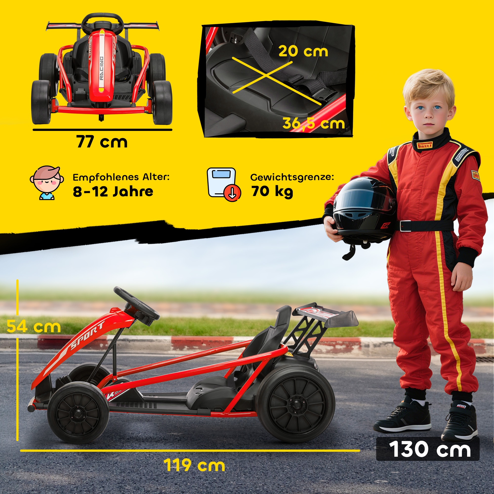 24V Elektro-Go-Kart, Nylon-Reifen, Sicherheitsgurt, Hupe, Musik für 8-12 Jahre Rot
