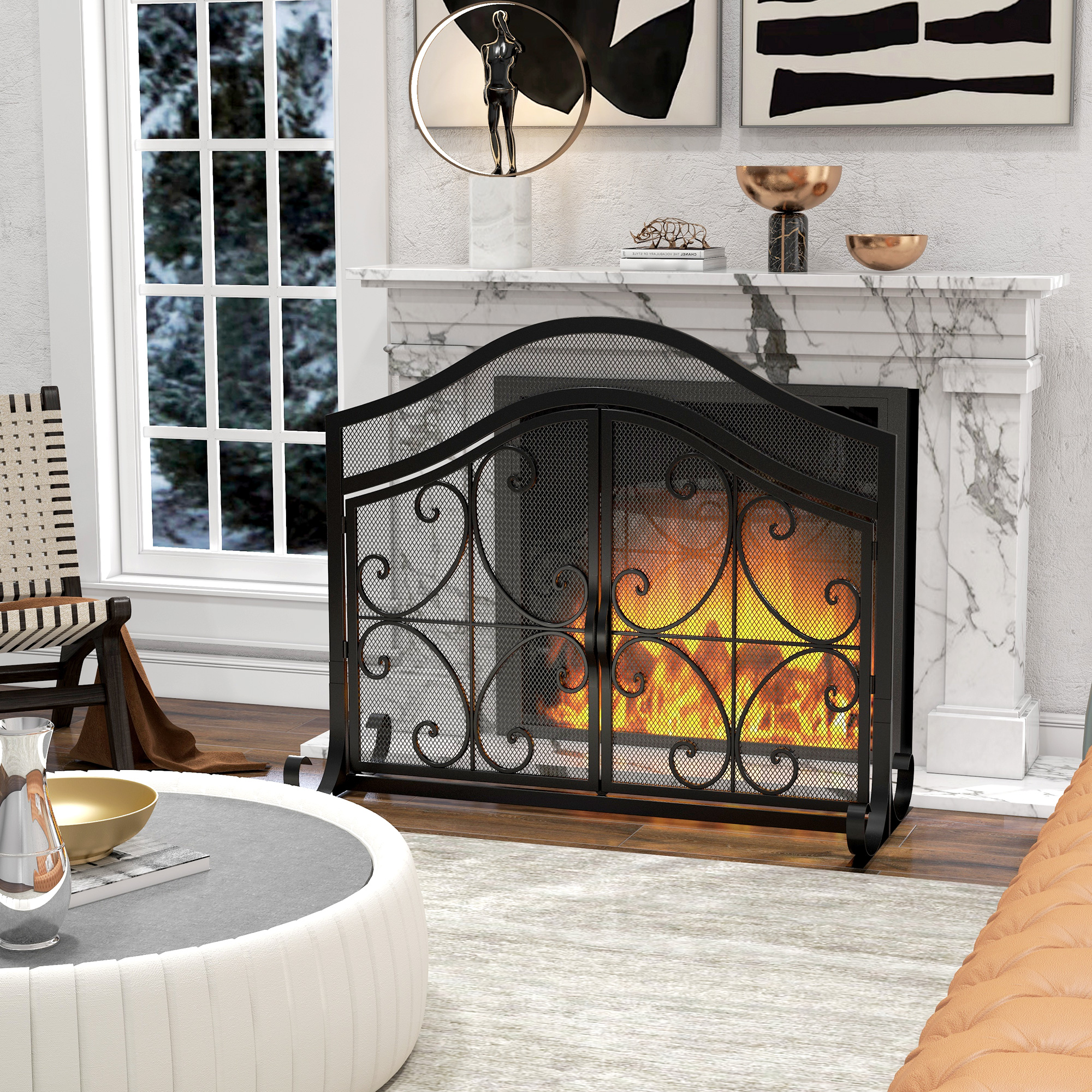 Funkenschutz für Kamine, elegantes Muster, doppeltürig, magnetische Türen, Schwarz, 105 x 40 x 80,5 cm