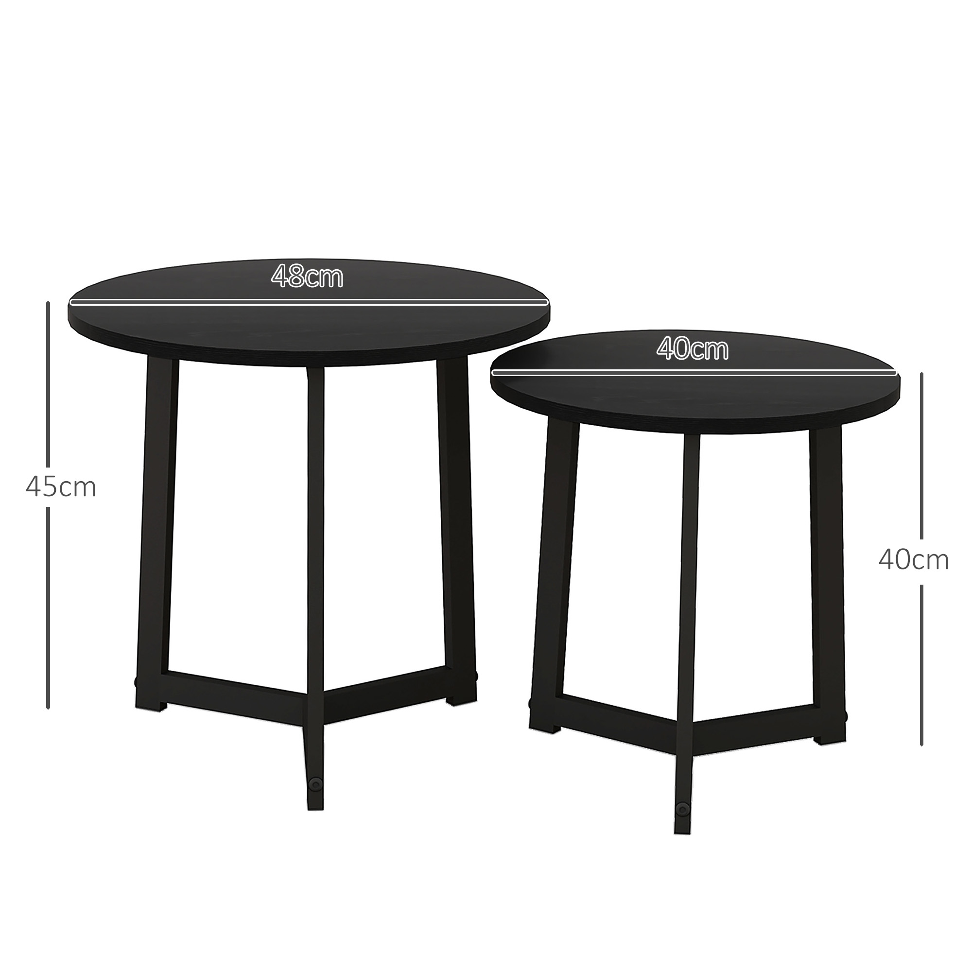 Moderner Couchtisch als 2er-Set, Metallrahmen, MDF, Rundes Design, ineinander verschiebbar, Schwarz