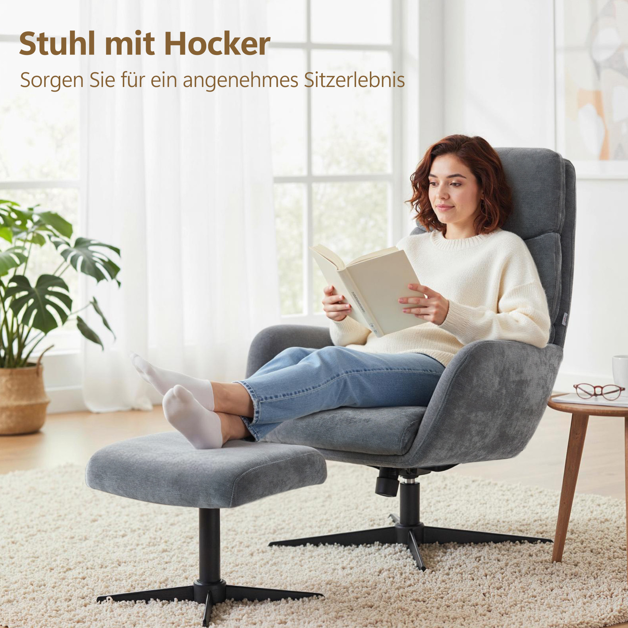 Polstersessel mit Fußhocker, Lounge-Sessel mit hoher Rückenlehne, Metallbasis, für Wohnzimmer, Schlafzimmer, Grau