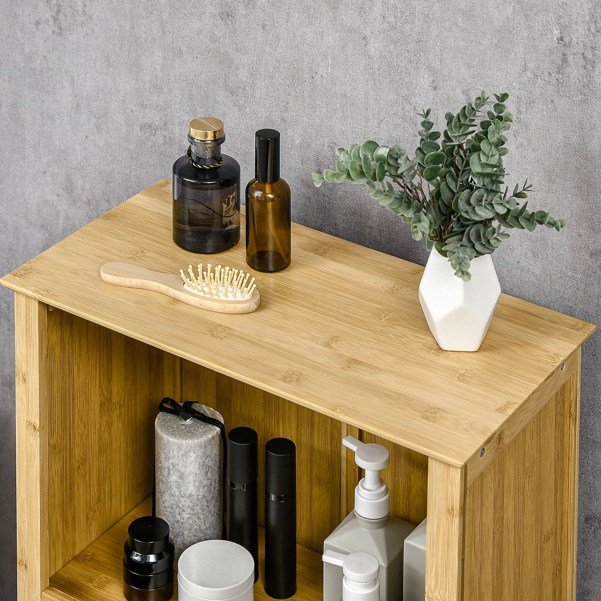 Badezimmerschrank Badschrank Standregal mit 2 Lamellentüren, offenem Regal, Bambus, Aufbewahrungsschrank Schrank für Badezimmer, Wohnzimmer 50 x 25,5 x 92cm Natur