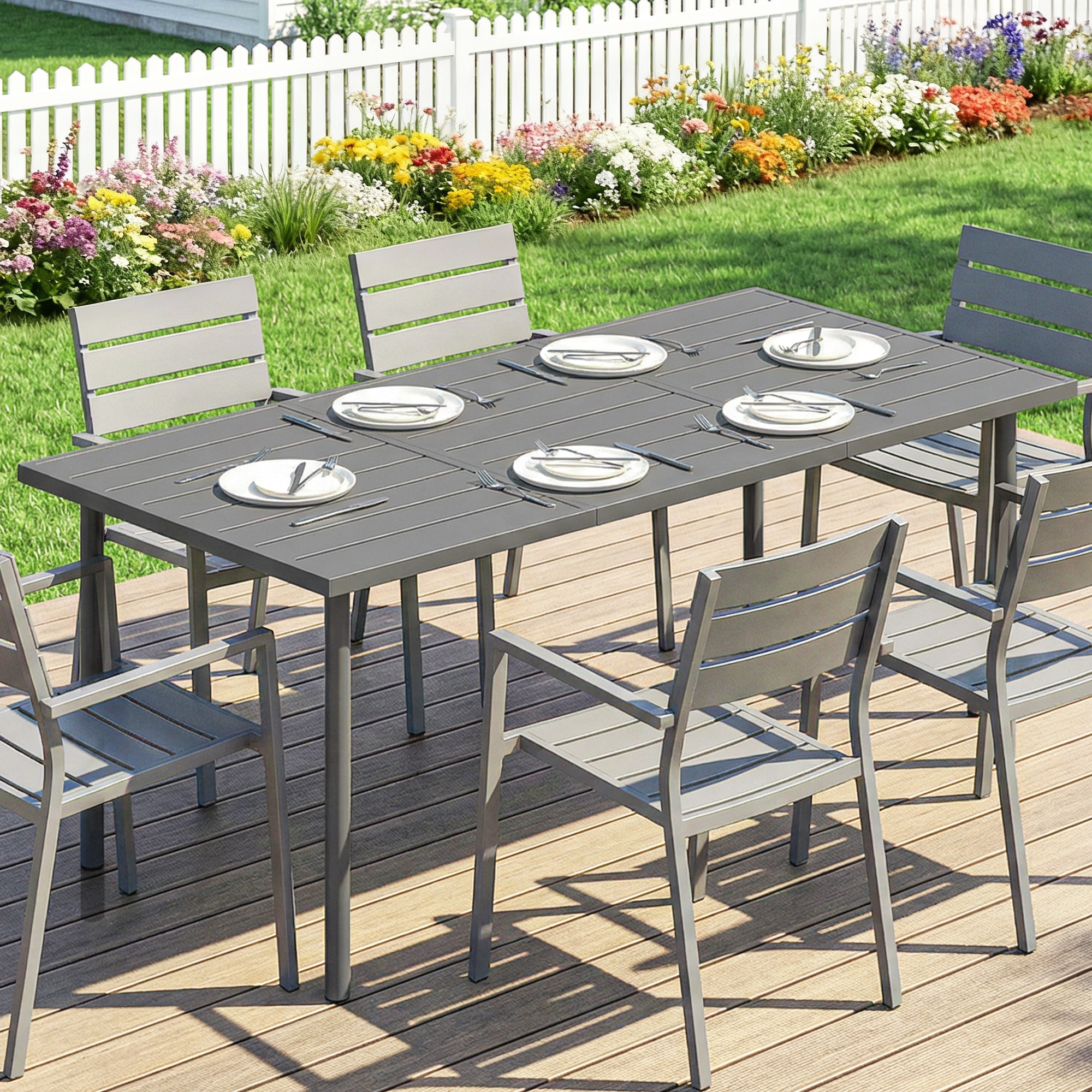 Gartentisch 165 x 80 cm für 6 Personen Esstisch mit Lamellen-Tischplatte Stahlrahmen, Rechteckig