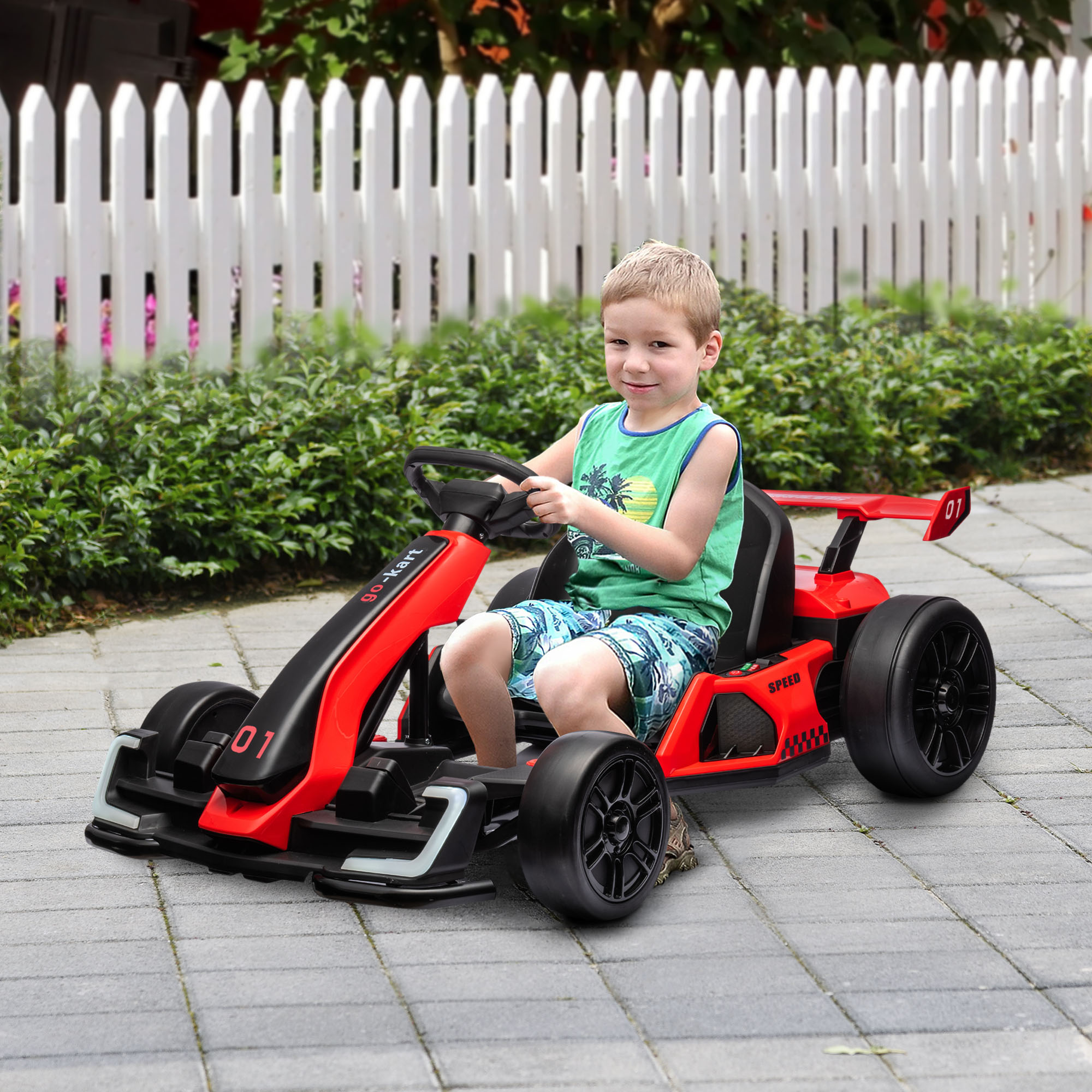 Go-Kart für Kinder, Elektro-Kart mit Hupe und Musikfunktion, verstellbarer Sitz, bis 12 km/h, Kunststoff, Metall, Rot