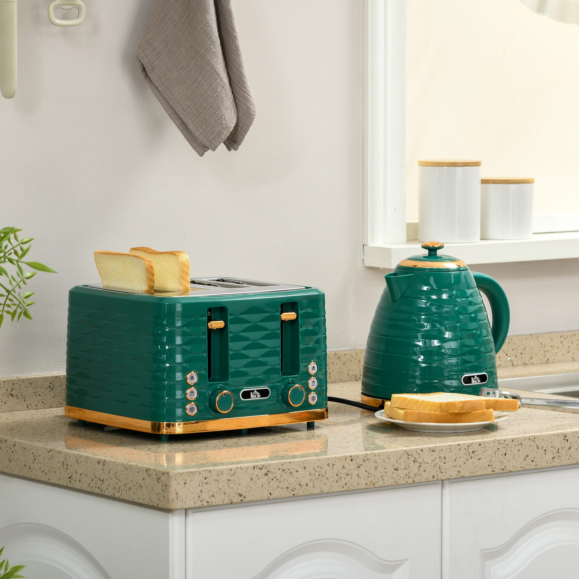 2-in-1 Toaster und Wasserkocher Set, 7 Bräunungsstufen, Auftau- und Aufwärmfunktion, Grün