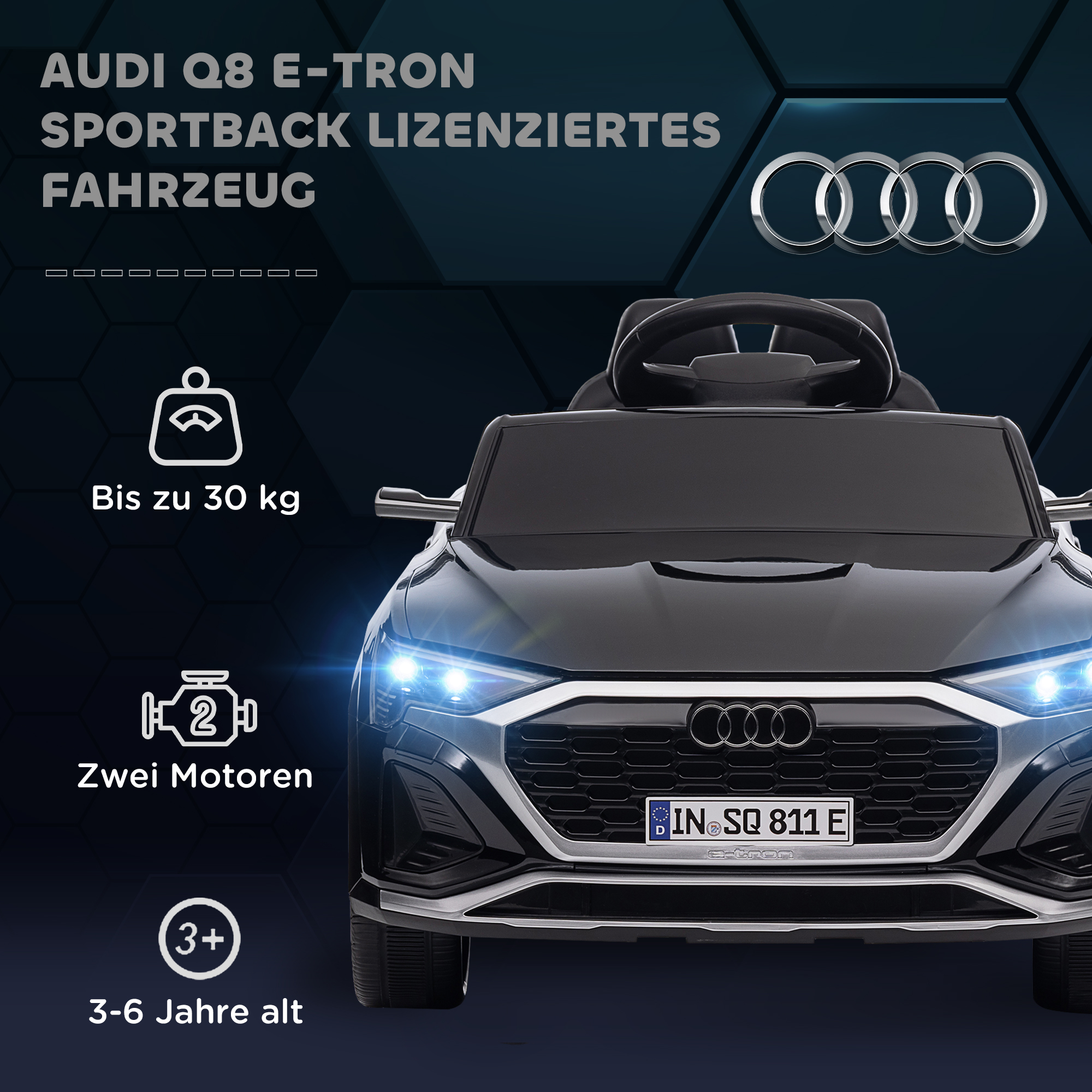 Kinderfahrzeug Audi Q8, 3-5 km/h, Fernsteuerung, Scheinwerfer, Musik, schwarz