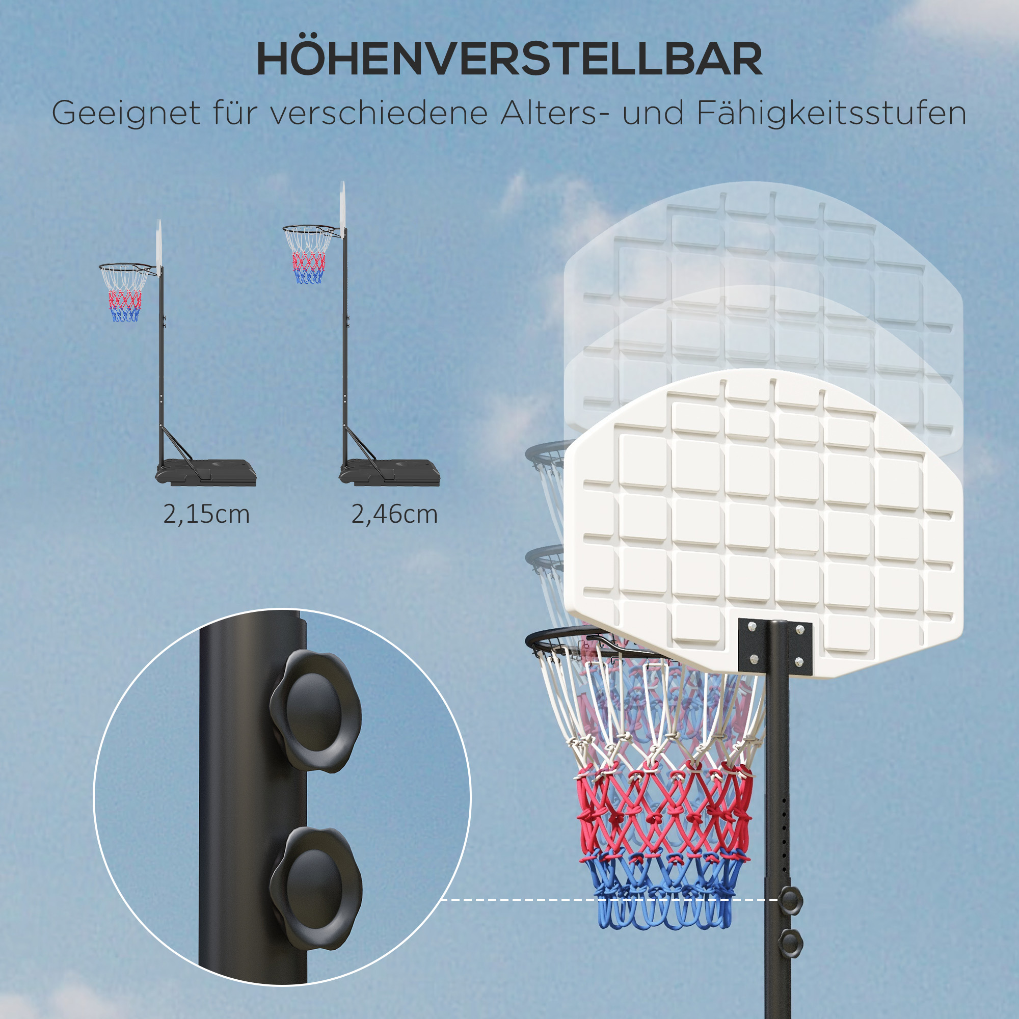 höhenverstellbarer Basketballkorb, freistehend, mit Netz und Rädern, große Basis, 179-209 cm, Kunststoff, Stahl