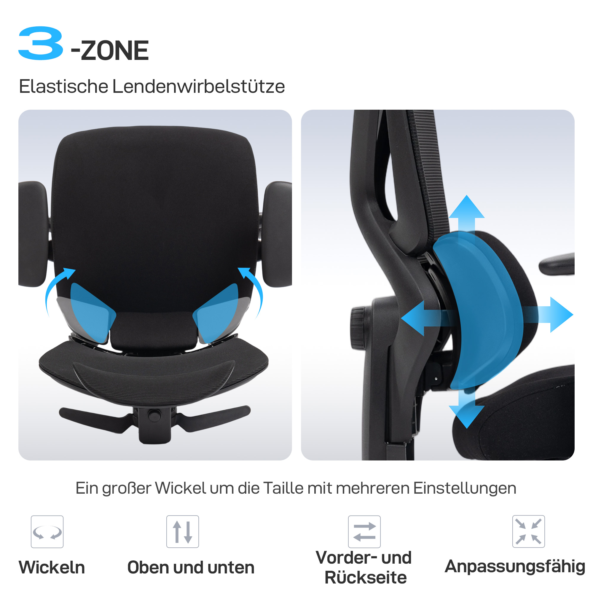 ergonomischer Bürostuhl mit Rollen, Netzstoff, Lendenstütze, Computerstuhl mit Armlehnen, verstellbare Kopfstütze