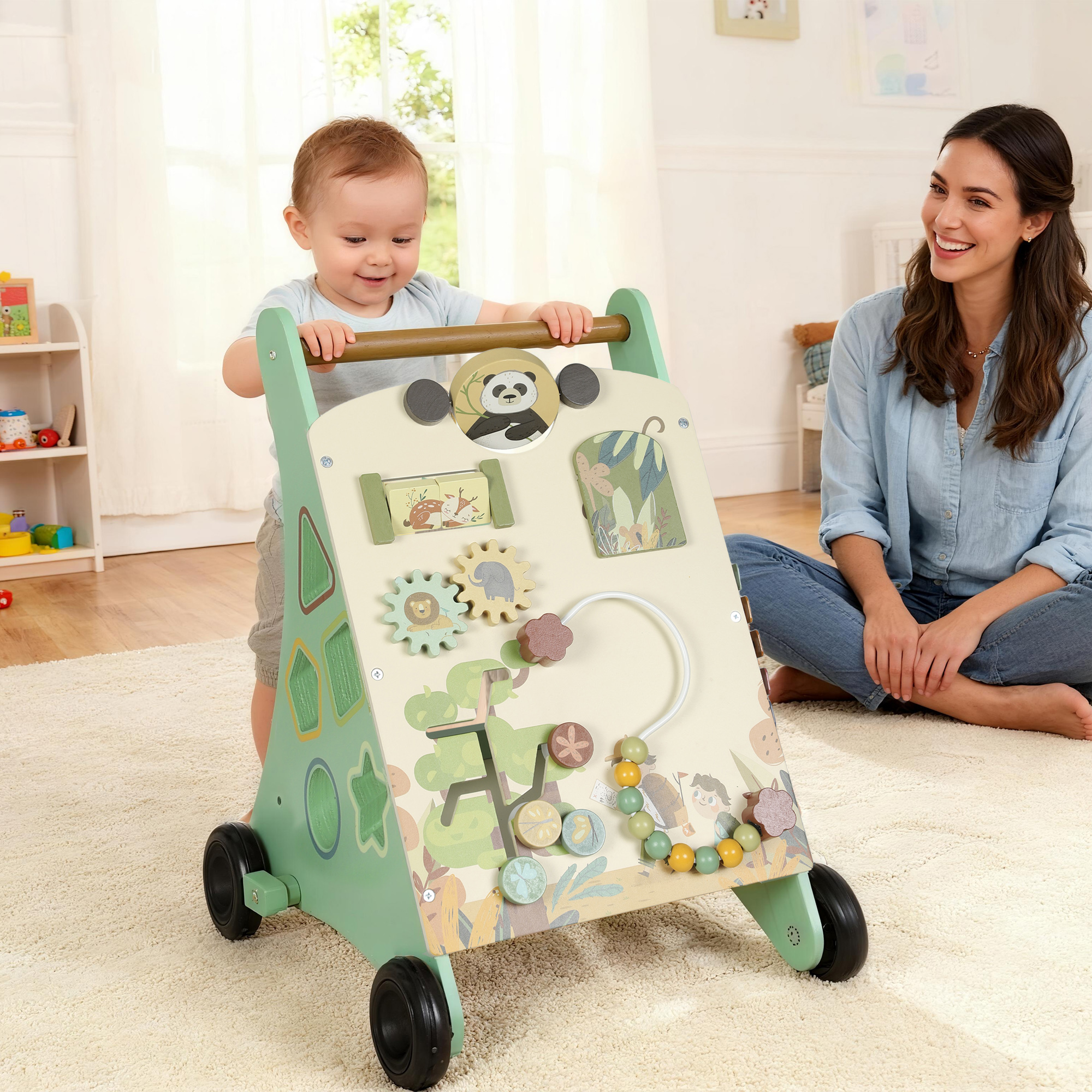 Lauflernwagen Holz Montessori Lauflernhilfe mit Geschwindigkeitskontrolle, Xylophon, Zahnrädern und Perlenlabyrinth Grün