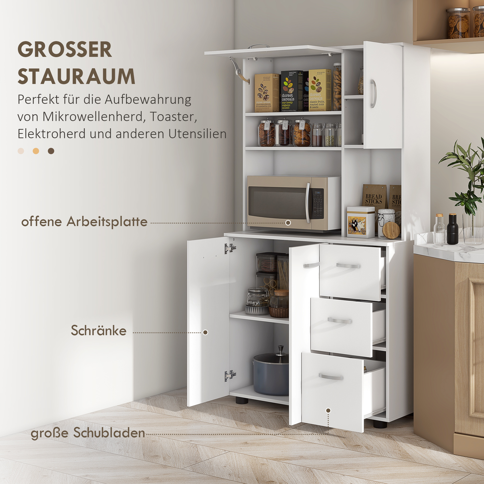 Küchenschrank, Buffet, 3 Schubladen, 3 Regale, viel Stauraum, 89x39,5x168cm, Weiß