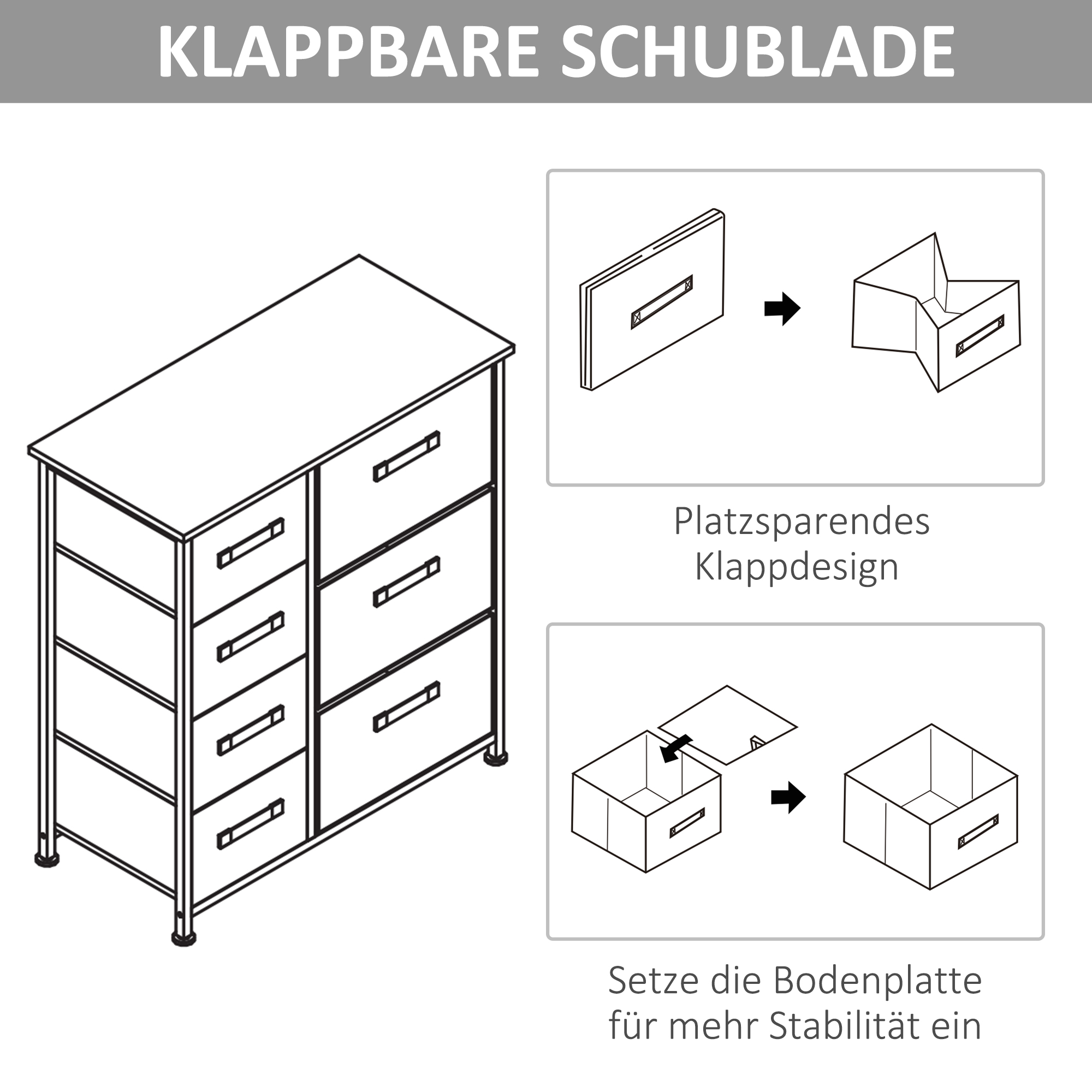 Kommode, Sideboard, 7 faltbare Stoffschubladen, Metallgestell, 63,5 x 30 x 71 cm, Hellgrau