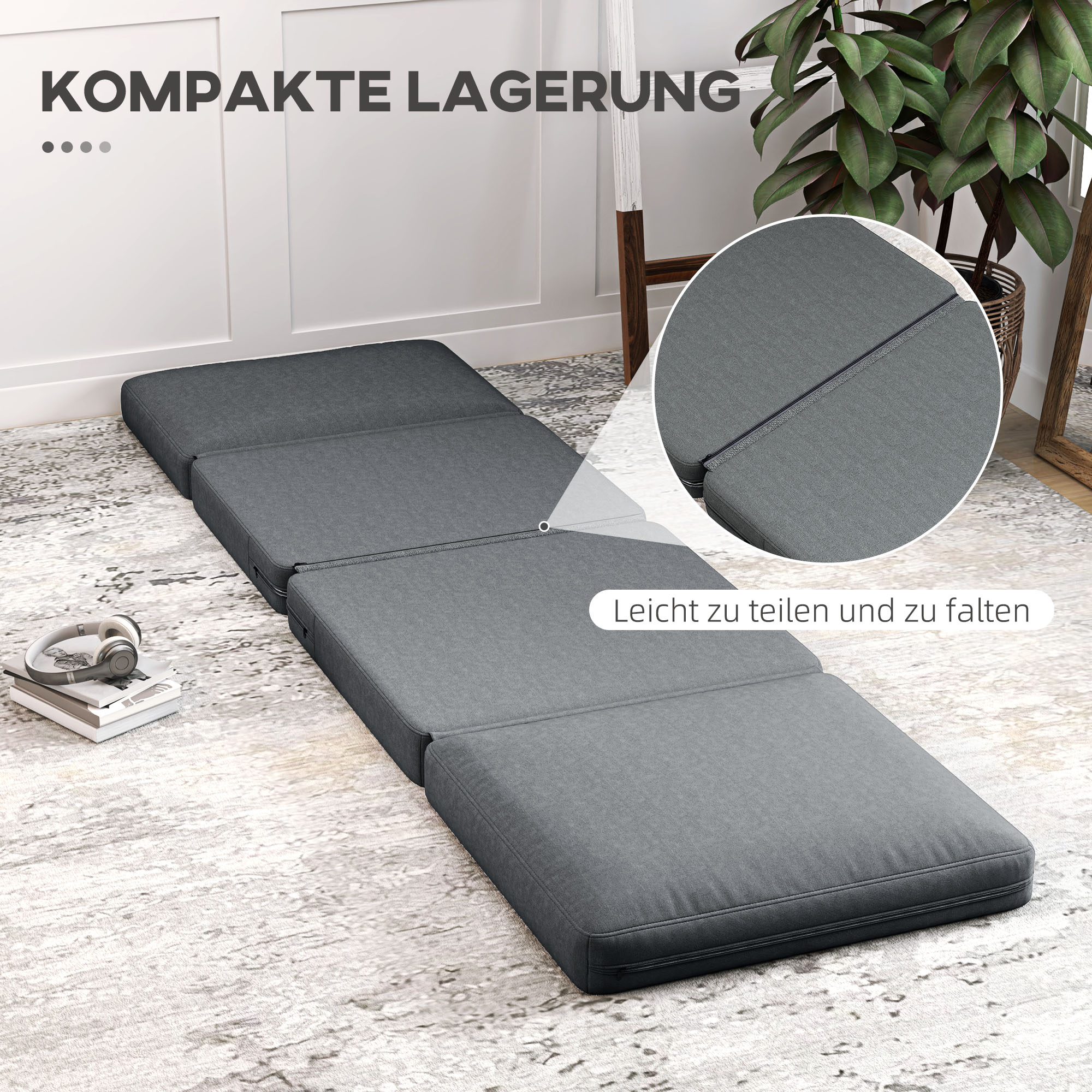 Faltbarer Bodensessel mit Kissen, wandelbares Polstersofa, Wohnzimmer, Gästezimmer, Büro, 75 x 268 x 18 cm, Dunkelgrau