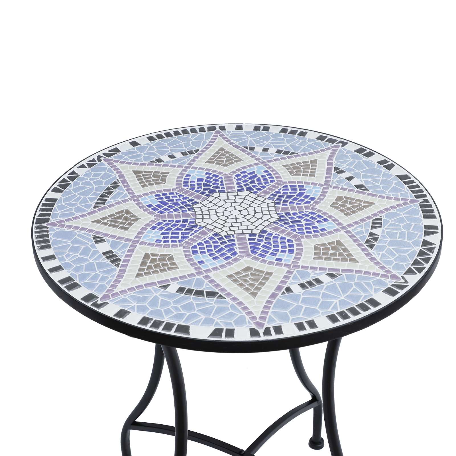Gartentisch Ø60 x H71cm, Wetterfest Balkontisch aus Metall, Esstisch Outdoor, Campingtisch Beistelltisch, rund Terrassentisch für Garten Terrasse Balkon Blau+Weiß