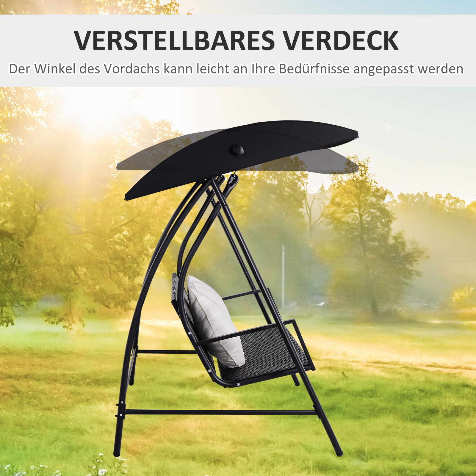 3-Sitzer Hollywoodschaukel Schaukel Polyrattan Metall mit Kissen belastbar bis 360kg Neu (Schwarz)