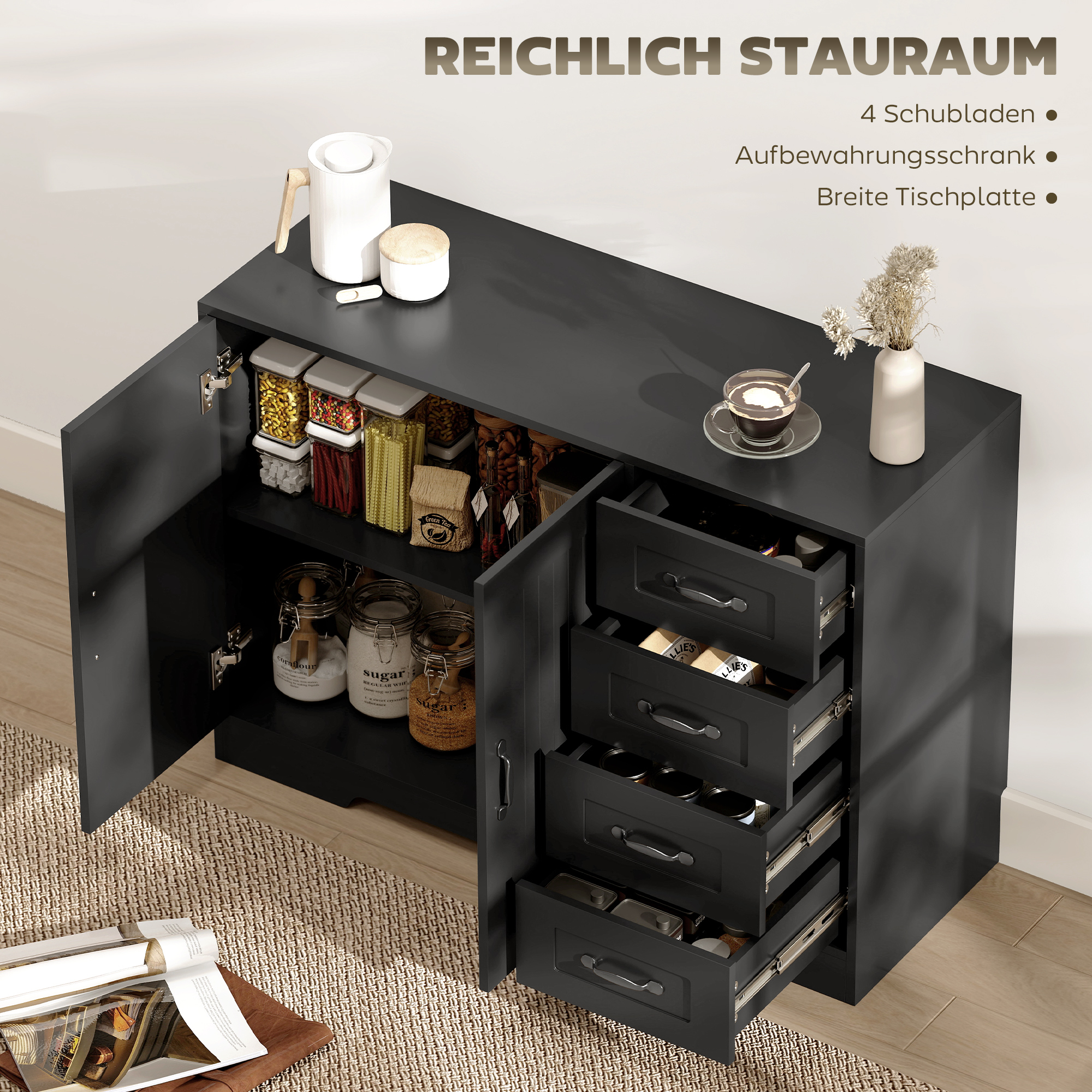 Sideboard, Kommode, moderner Stil, 4 Schubladen, 1 Schrank, 105 x 40 x 76 cm, Schwarz