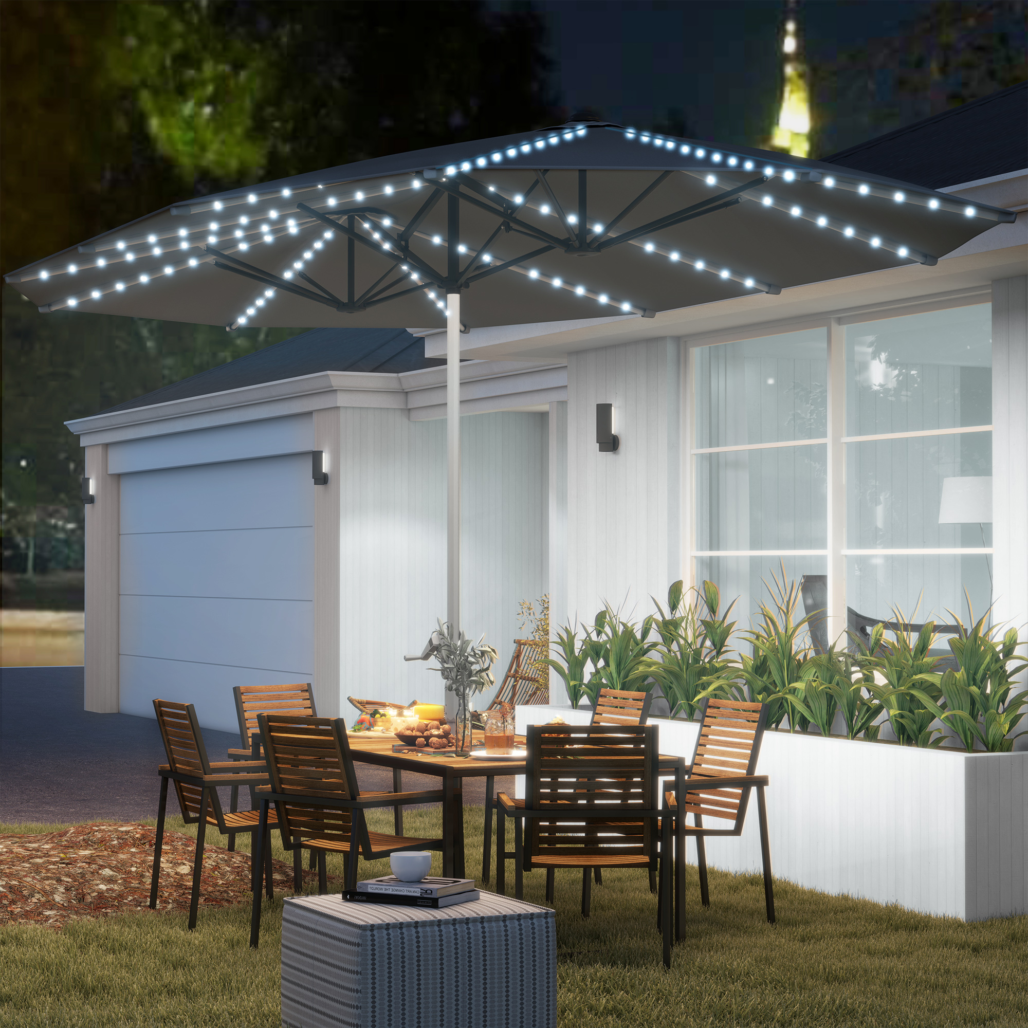 Doppelschirm mit Solar-Lichtern, Aluminium, Polyester, UPF50+ Schutz, UV-beständig, Terrassenschirm, Dunkelgrau
